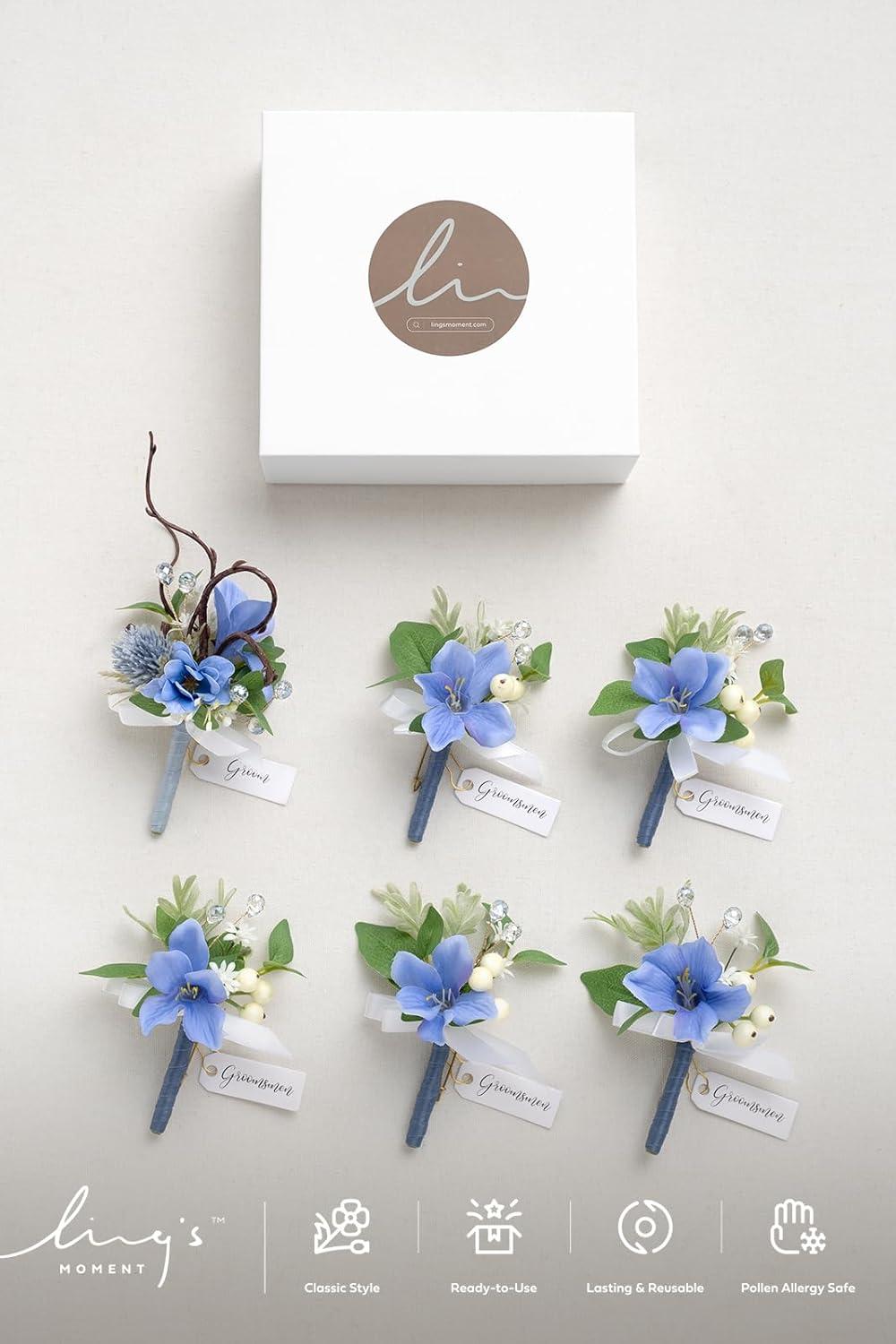 imageLings Moment Boutonniere for Men 6pcs Groom Groomsmen Boutonniere Artificial Flowers for Wedding DecorPromHomecoming etcWalnut BrownBluprovence Blue  Berry
