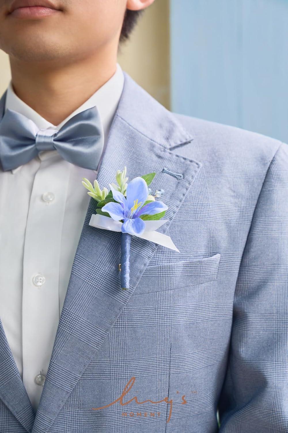 imageLings Moment Boutonniere for Men 6pcs Groom Groomsmen Boutonniere Artificial Flowers for Wedding DecorPromHomecoming etcWalnut BrownBluprovence Blue  Berry