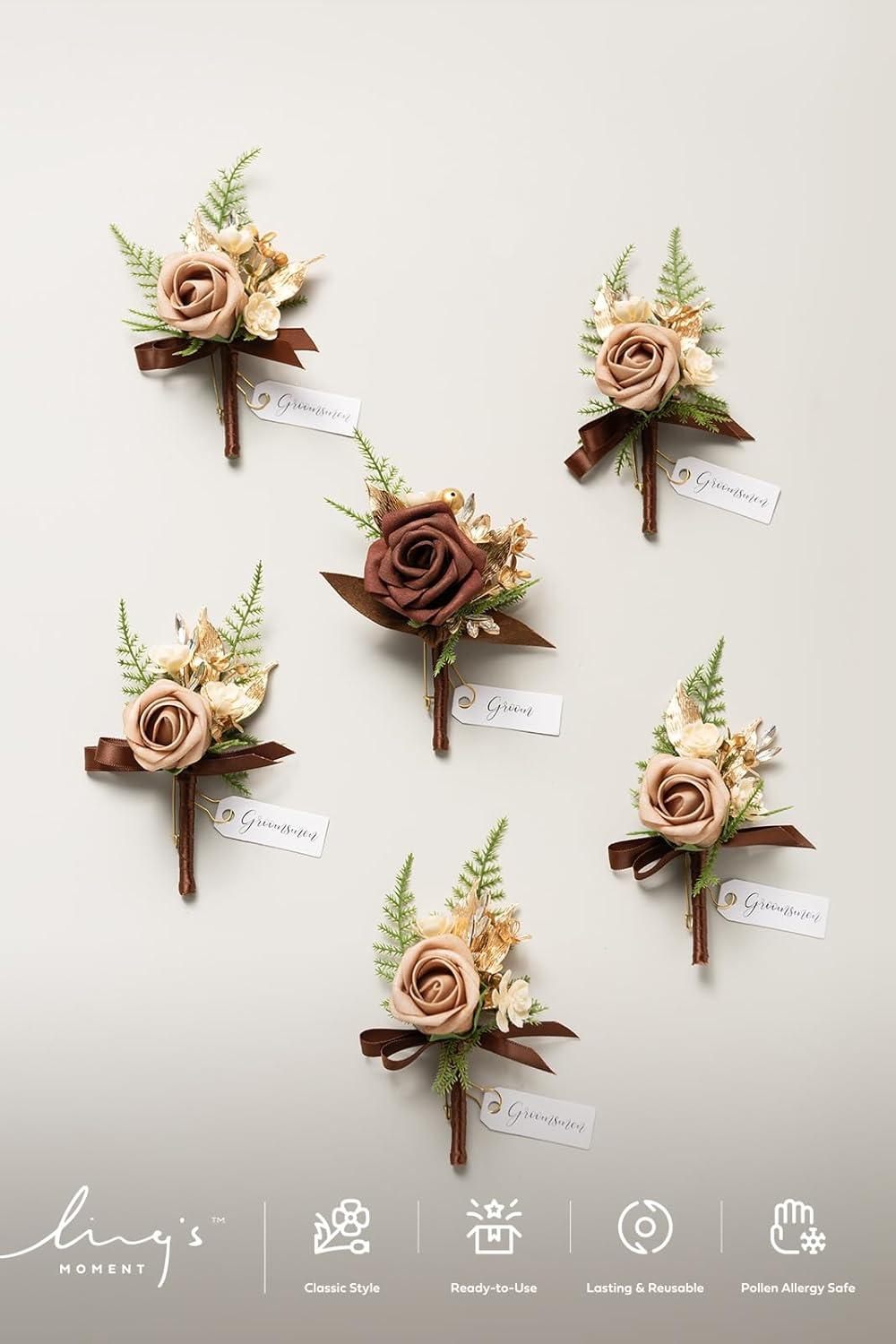 imageLings Moment Boutonniere for Men 6pcs Groom Groomsmen Boutonniere Artificial Flowers for Wedding DecorPromHomecoming etcWalnut BrownBrnwalnut Brown
