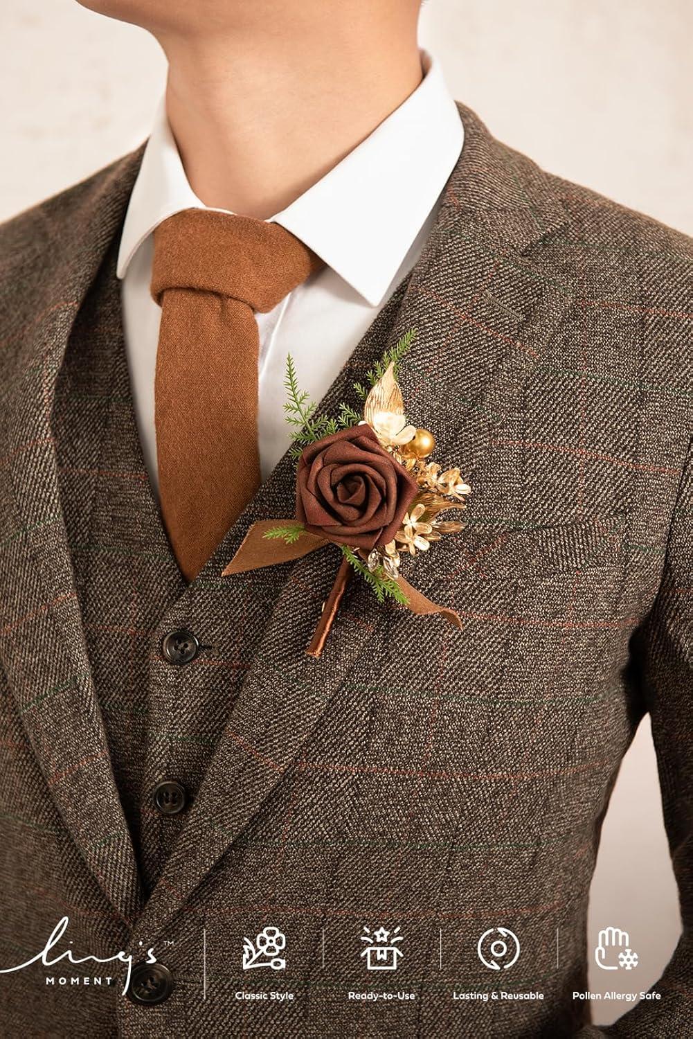 imageLings Moment Boutonniere for Men 6pcs Groom Groomsmen Boutonniere Artificial Flowers for Wedding DecorPromHomecoming etcWalnut BrownBrnwalnut Brown