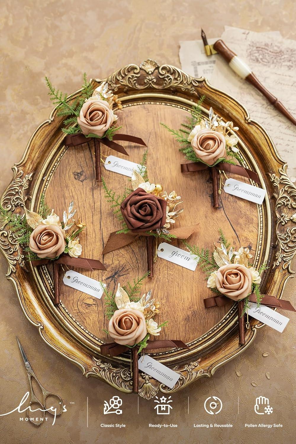 imageLings Moment Boutonniere for Men 6pcs Groom Groomsmen Boutonniere Artificial Flowers for Wedding DecorPromHomecoming etcWalnut BrownBrnwalnut Brown