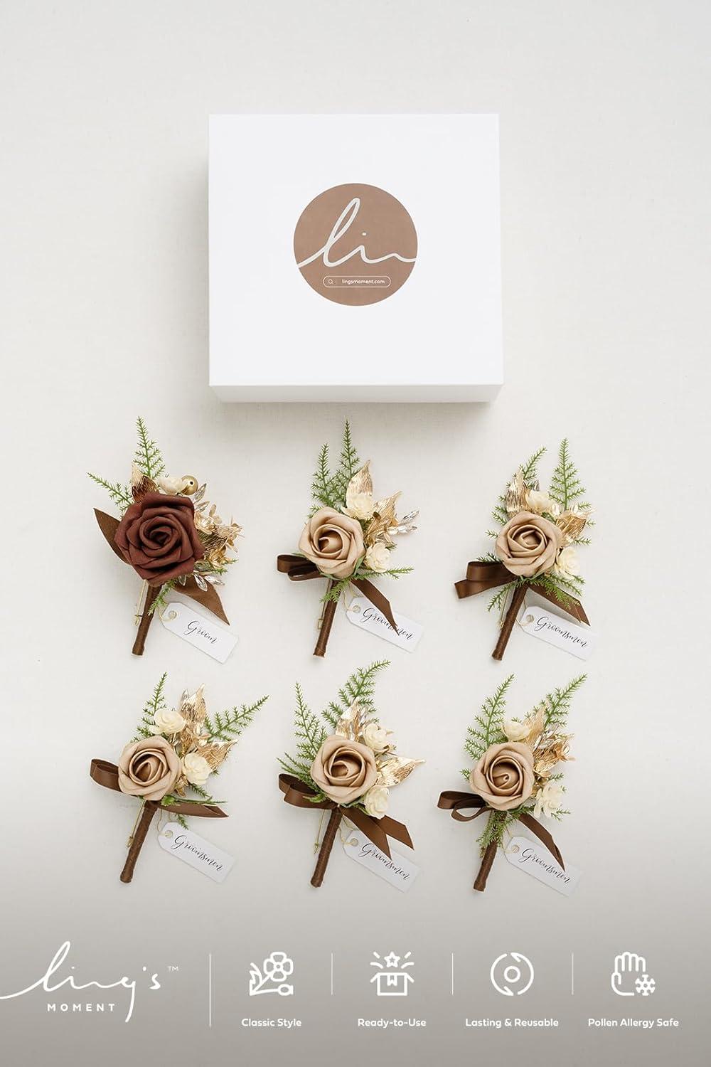 imageLings Moment Boutonniere for Men 6pcs Groom Groomsmen Boutonniere Artificial Flowers for Wedding DecorPromHomecoming etcWalnut BrownBrnwalnut Brown