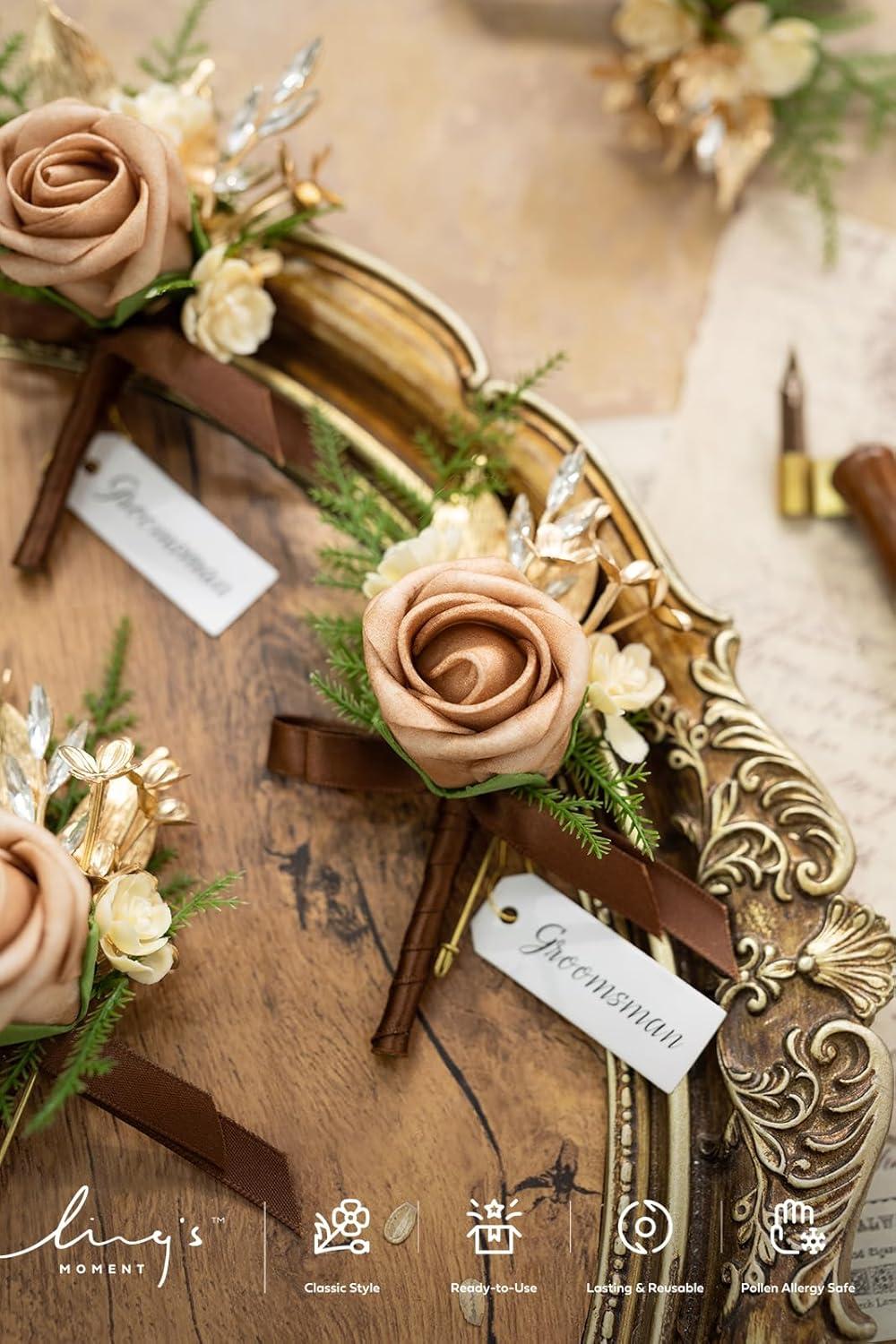 imageLings Moment Boutonniere for Men 6pcs Groom Groomsmen Boutonniere Artificial Flowers for Wedding DecorPromHomecoming etcWalnut BrownBrnwalnut Brown