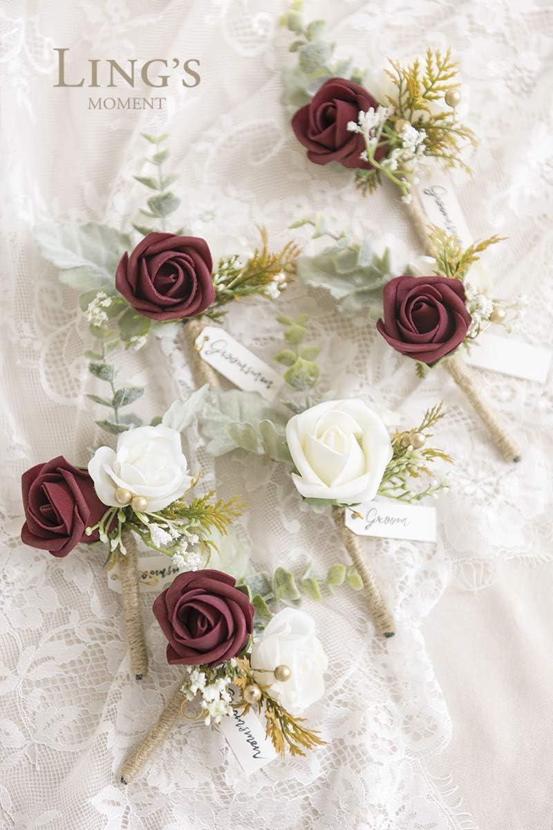imageLings Moment Boutonniere for Men 6pcs Groom Groomsmen Boutonniere Artificial Flowers for Wedding DecorPromHomecoming etcWalnut BrownBurburgundy  White