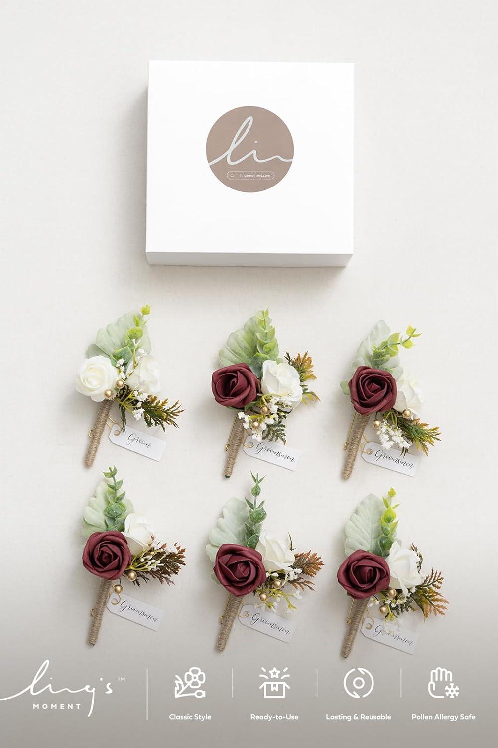 imageLings Moment Boutonniere for Men 6pcs Groom Groomsmen Boutonniere Artificial Flowers for Wedding DecorPromHomecoming etcWalnut BrownBurburgundy  White