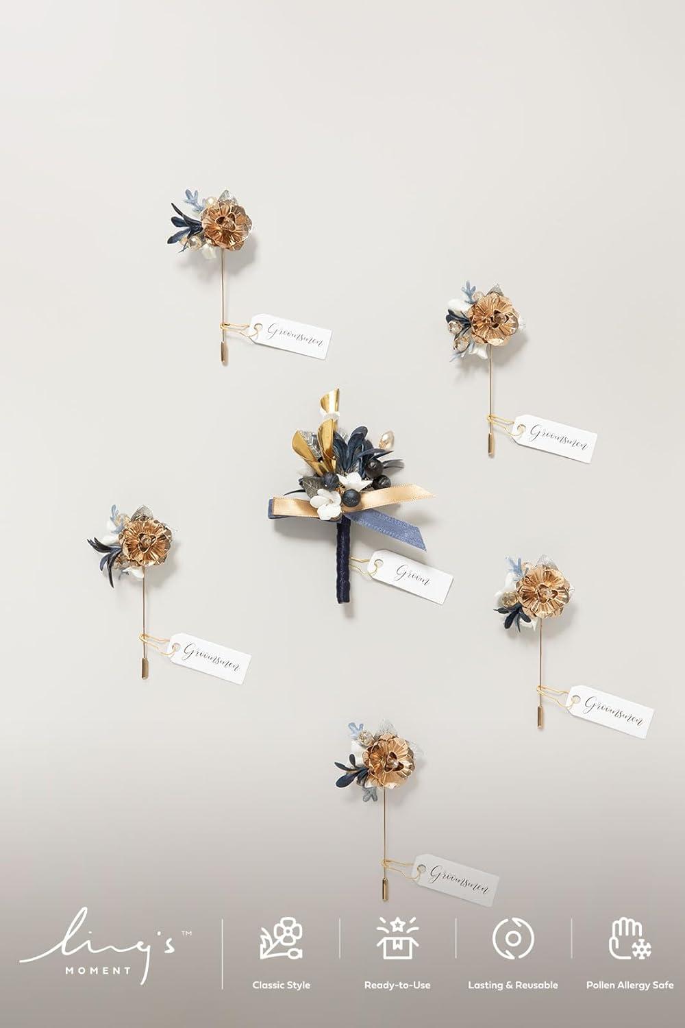 imageLings Moment Boutonniere for Men 6pcs Groom Groomsmen Boutonniere Artificial Flowers for Wedding DecorPromHomecoming etcWalnut BrownGldchampagne Gold  Navyblue