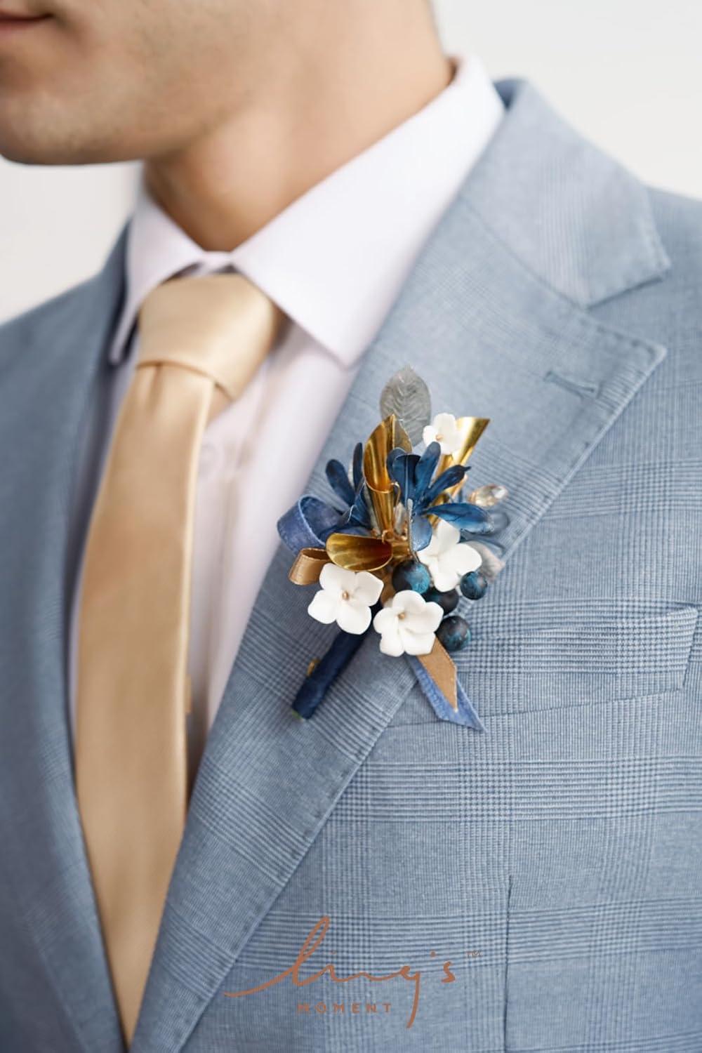 imageLings Moment Boutonniere for Men 6pcs Groom Groomsmen Boutonniere Artificial Flowers for Wedding DecorPromHomecoming etcWalnut BrownGldchampagne Gold  Navyblue