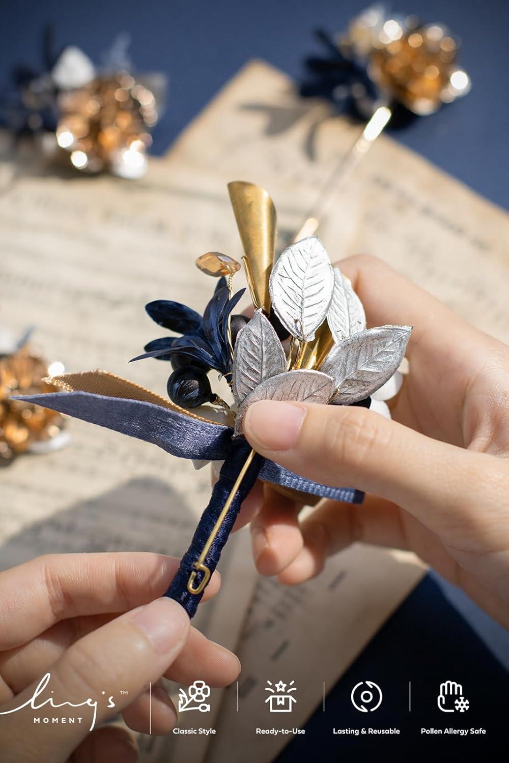 imageLings Moment Boutonniere for Men 6pcs Groom Groomsmen Boutonniere Artificial Flowers for Wedding DecorPromHomecoming etcWalnut BrownGldchampagne Gold  Navyblue