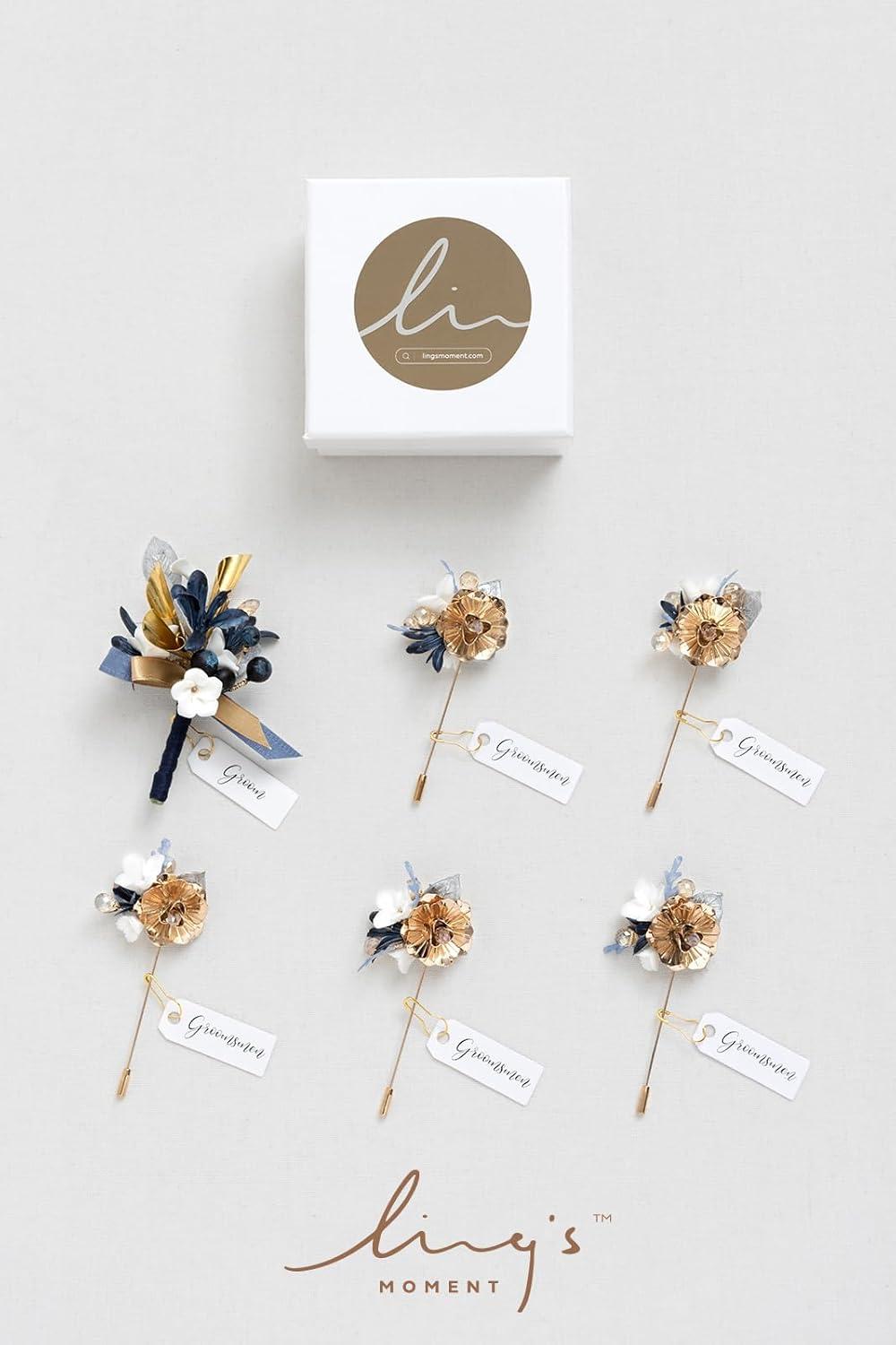 imageLings Moment Boutonniere for Men 6pcs Groom Groomsmen Boutonniere Artificial Flowers for Wedding DecorPromHomecoming etcWalnut BrownGldchampagne Gold  Navyblue