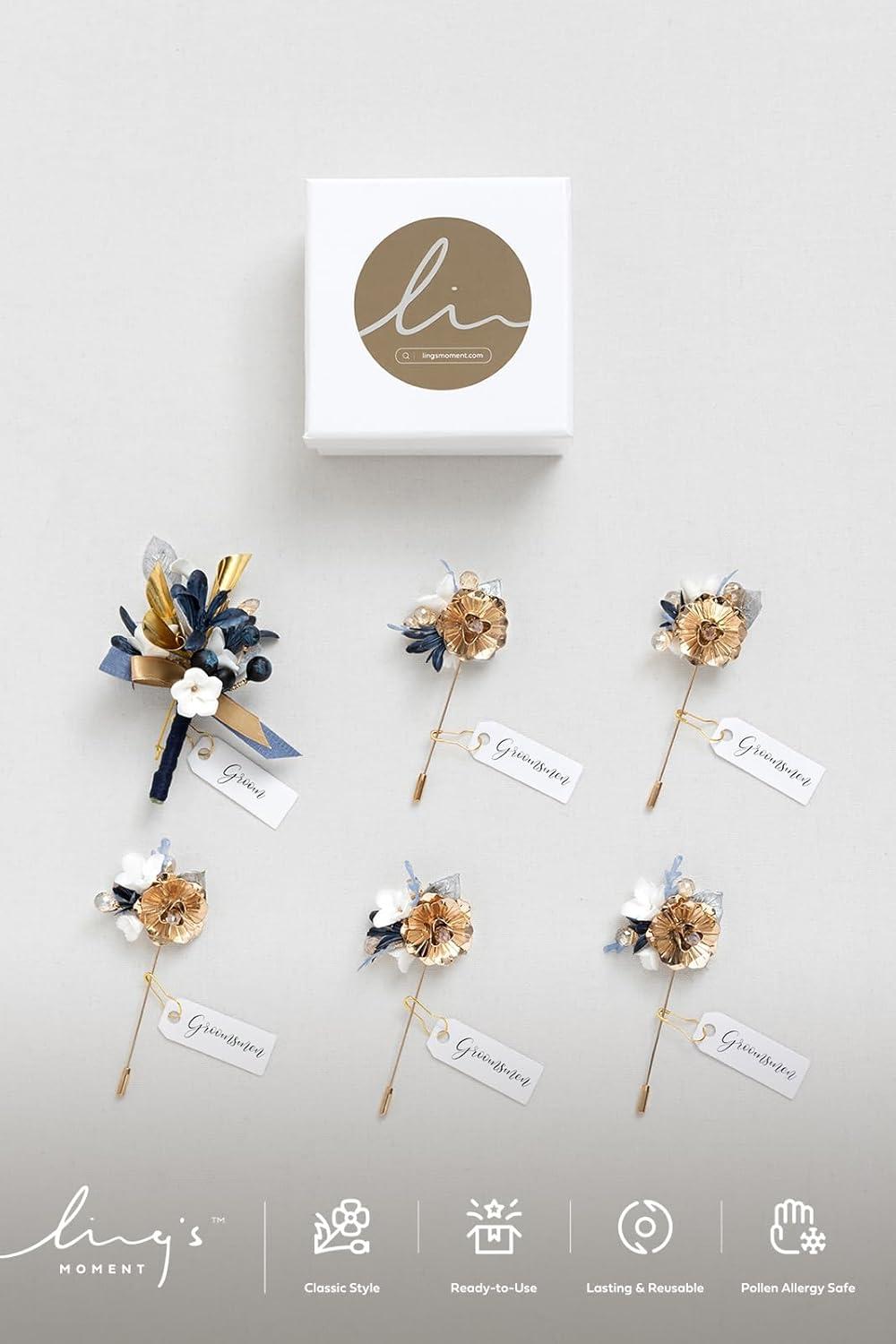 imageLings Moment Boutonniere for Men 6pcs Groom Groomsmen Boutonniere Artificial Flowers for Wedding DecorPromHomecoming etcWalnut BrownGldchampagne Gold  Navyblue
