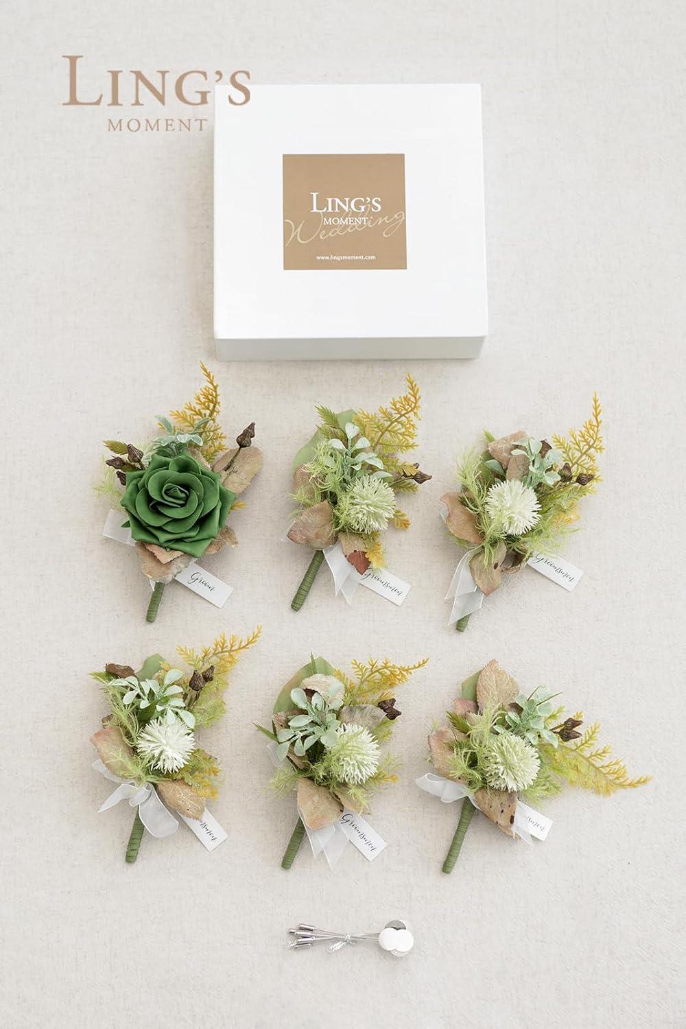 imageLings Moment Boutonniere for Men 6pcs Groom Groomsmen Boutonniere Artificial Flowers for Wedding DecorPromHomecoming etcWalnut BrownGrnemerald Green  Beige