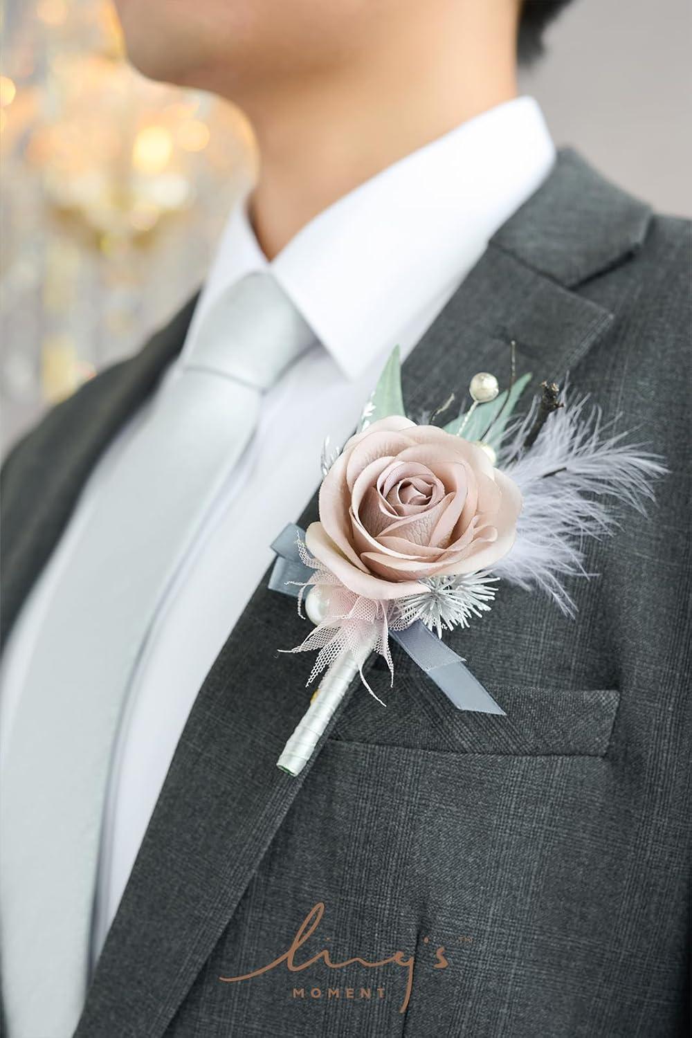 imageLings Moment Boutonniere for Men 6pcs Groom Groomsmen Boutonniere Artificial Flowers for Wedding DecorPromHomecoming etcWalnut BrownGrygray  Dusty Rose