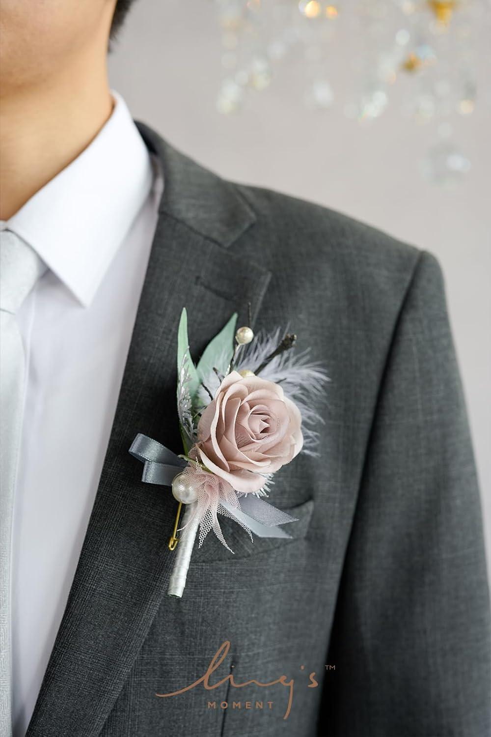 imageLings Moment Boutonniere for Men 6pcs Groom Groomsmen Boutonniere Artificial Flowers for Wedding DecorPromHomecoming etcWalnut BrownGrygray  Dusty Rose