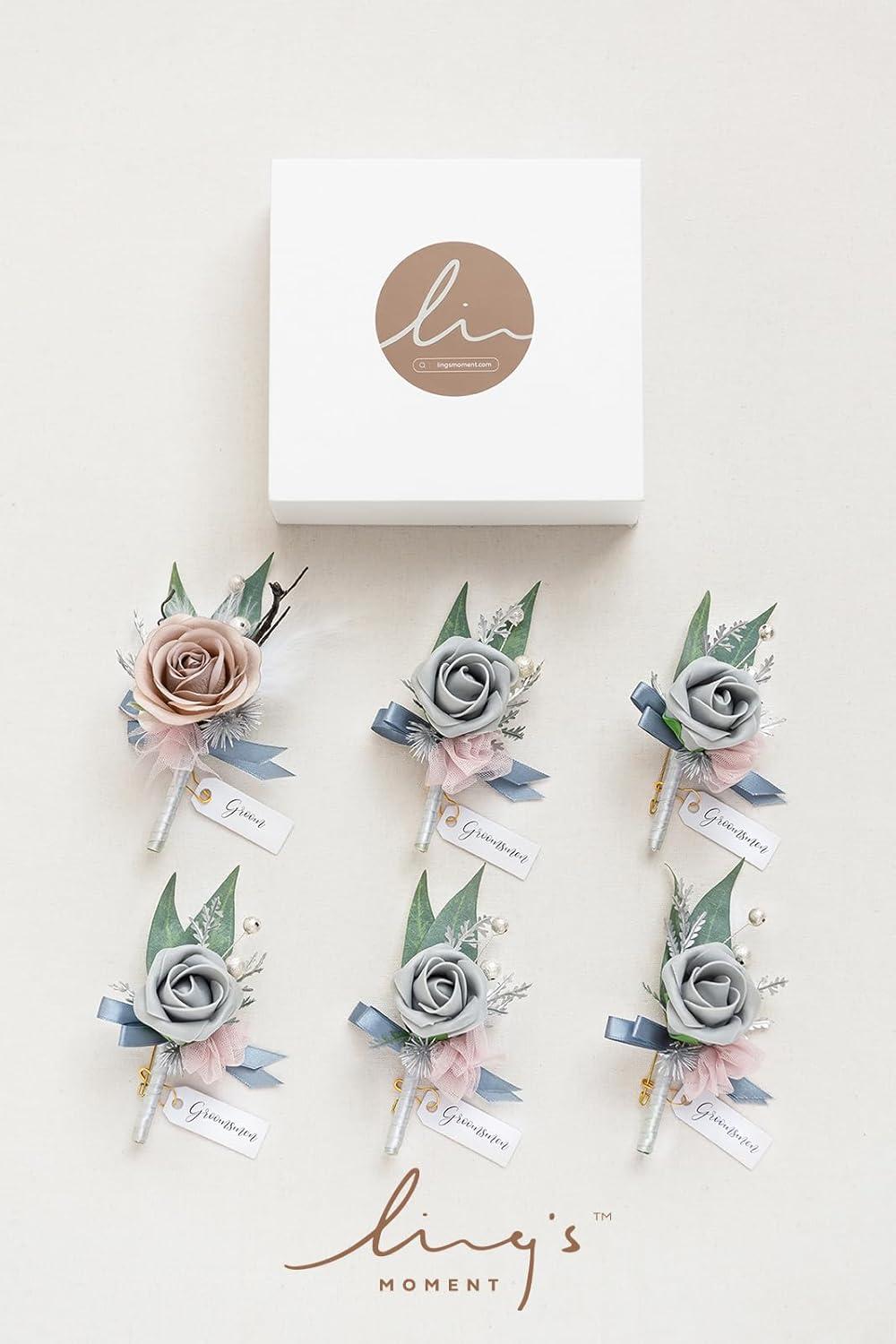 imageLings Moment Boutonniere for Men 6pcs Groom Groomsmen Boutonniere Artificial Flowers for Wedding DecorPromHomecoming etcWalnut BrownGrygray  Dusty Rose