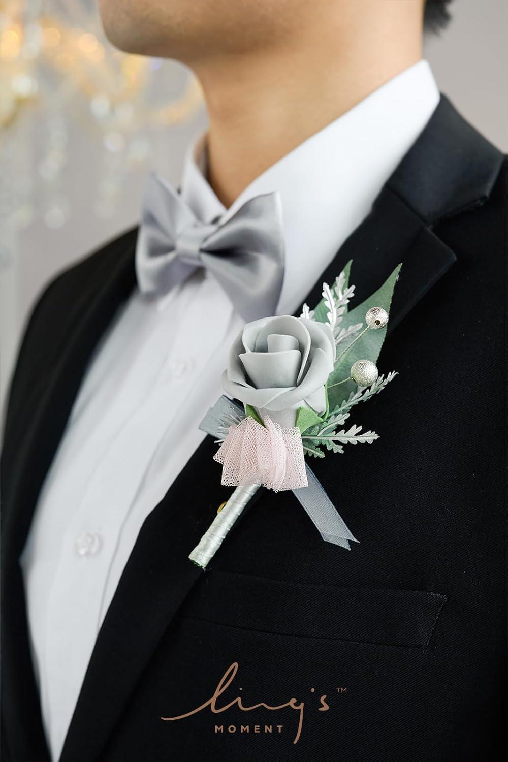 imageLings Moment Boutonniere for Men 6pcs Groom Groomsmen Boutonniere Artificial Flowers for Wedding DecorPromHomecoming etcWalnut BrownGrygray  Dusty Rose