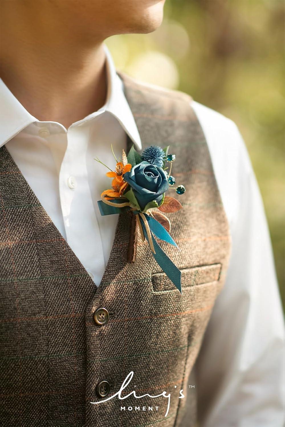 imageLings Moment Boutonniere for Men 6pcs Groom Groomsmen Boutonniere Artificial Flowers for Wedding DecorPromHomecoming etcWalnut BrownOrdark Teal  Burnt Orange