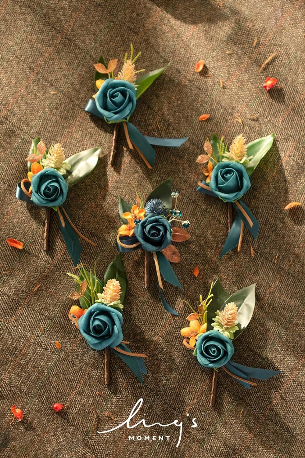 imageLings Moment Boutonniere for Men 6pcs Groom Groomsmen Boutonniere Artificial Flowers for Wedding DecorPromHomecoming etcWalnut BrownOrdark Teal  Burnt Orange
