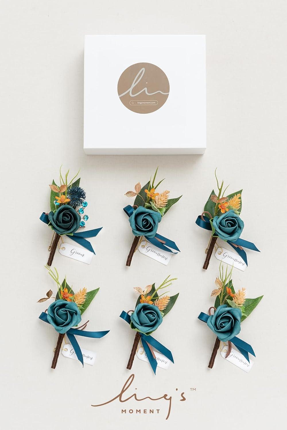 imageLings Moment Boutonniere for Men 6pcs Groom Groomsmen Boutonniere Artificial Flowers for Wedding DecorPromHomecoming etcWalnut BrownOrdark Teal  Burnt Orange