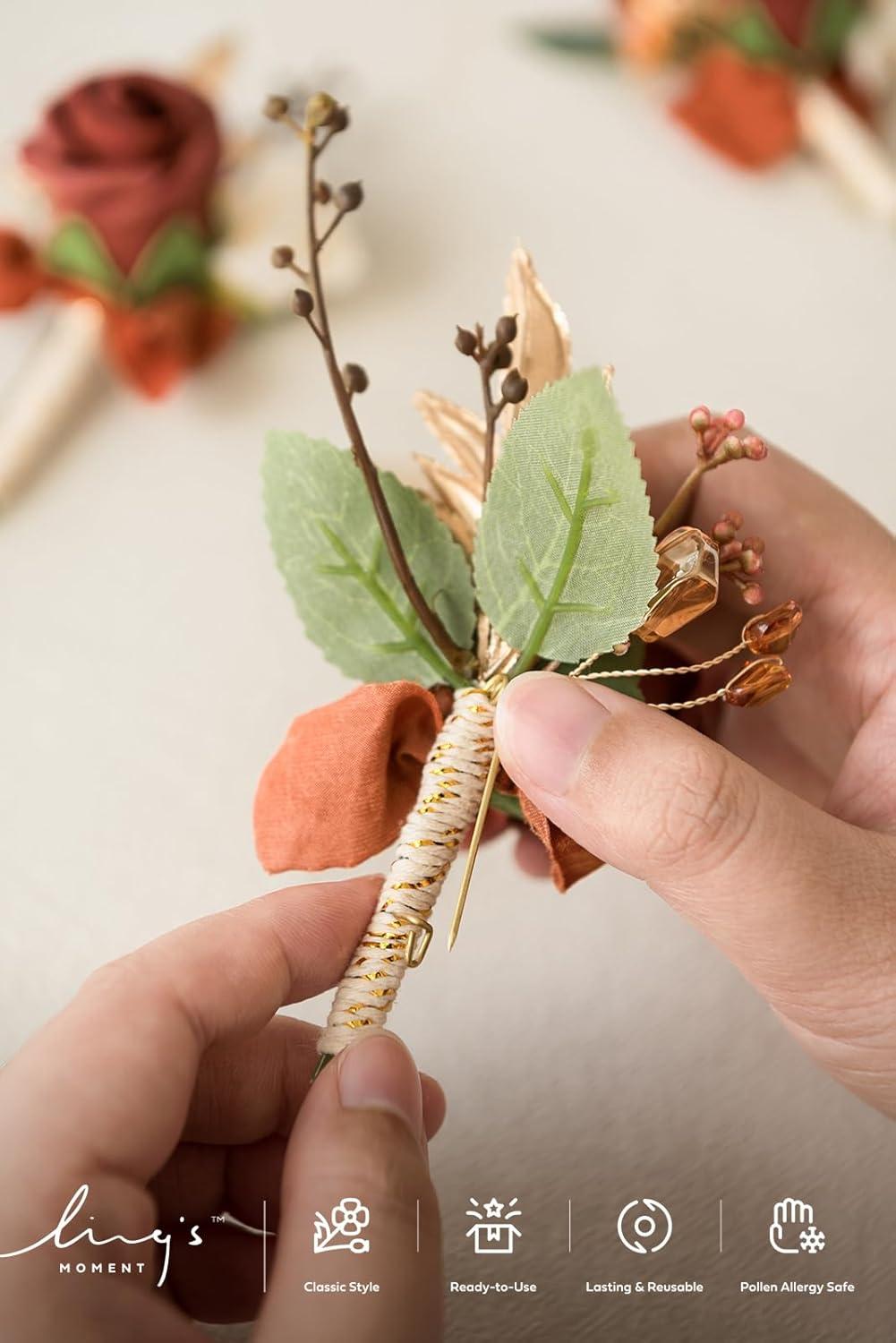 imageLings Moment Boutonniere for Men 6pcs Groom Groomsmen Boutonniere Artificial Flowers for Wedding DecorPromHomecoming etcWalnut BrownOrterracotta  Orange
