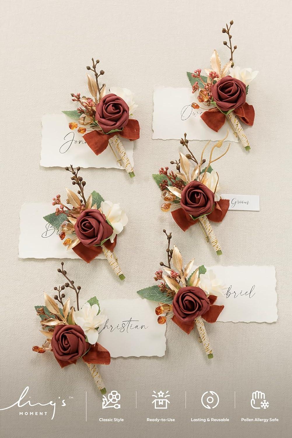 imageLings Moment Boutonniere for Men 6pcs Groom Groomsmen Boutonniere Artificial Flowers for Wedding DecorPromHomecoming etcWalnut BrownOrterracotta  Orange