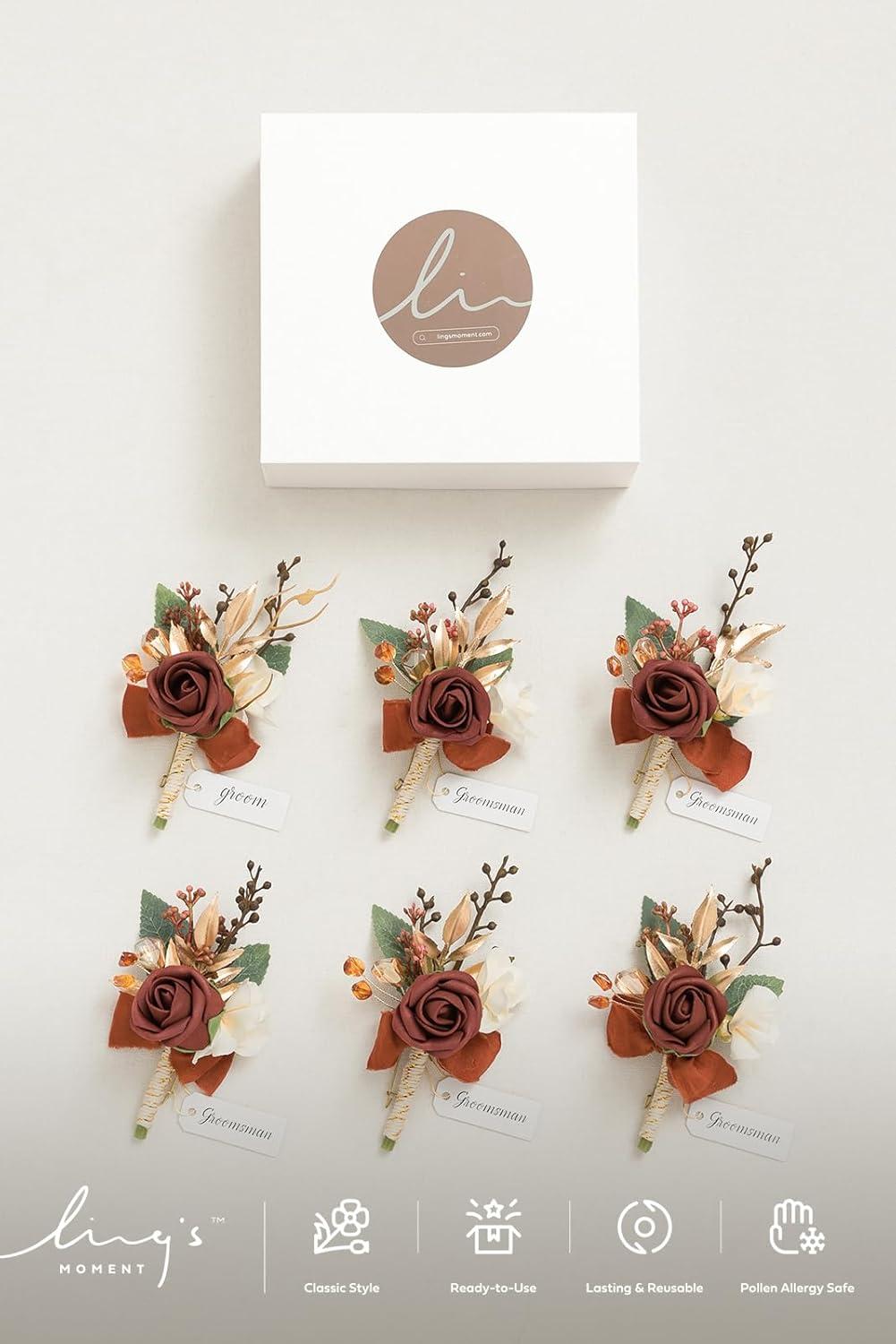 imageLings Moment Boutonniere for Men 6pcs Groom Groomsmen Boutonniere Artificial Flowers for Wedding DecorPromHomecoming etcWalnut BrownOrterracotta  Orange
