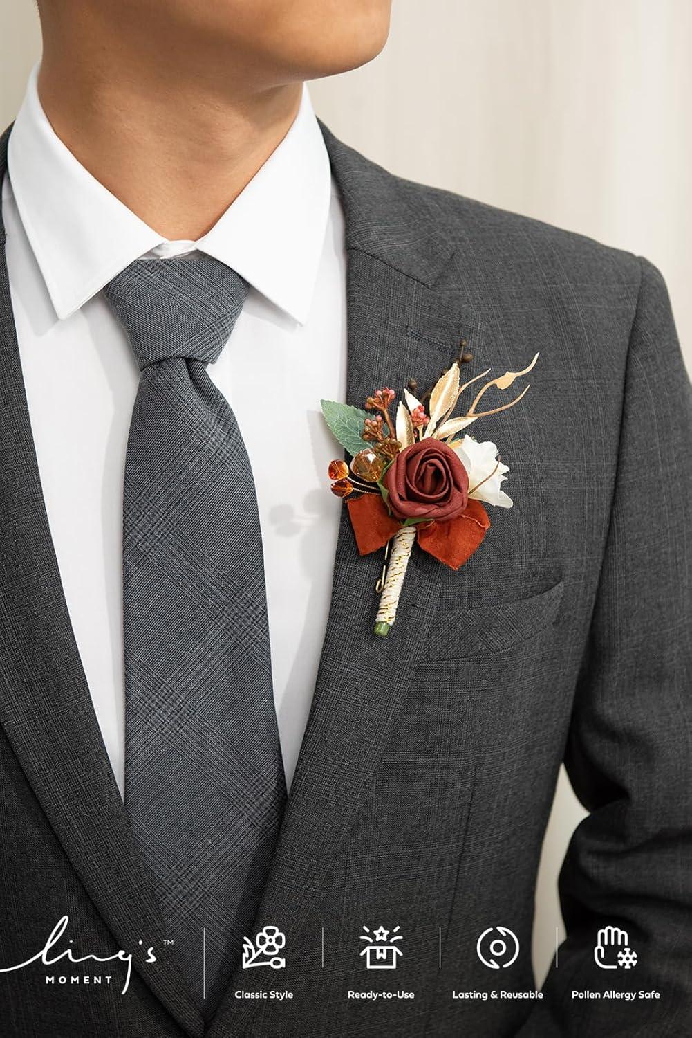 imageLings Moment Boutonniere for Men 6pcs Groom Groomsmen Boutonniere Artificial Flowers for Wedding DecorPromHomecoming etcWalnut BrownOrterracotta  Orange