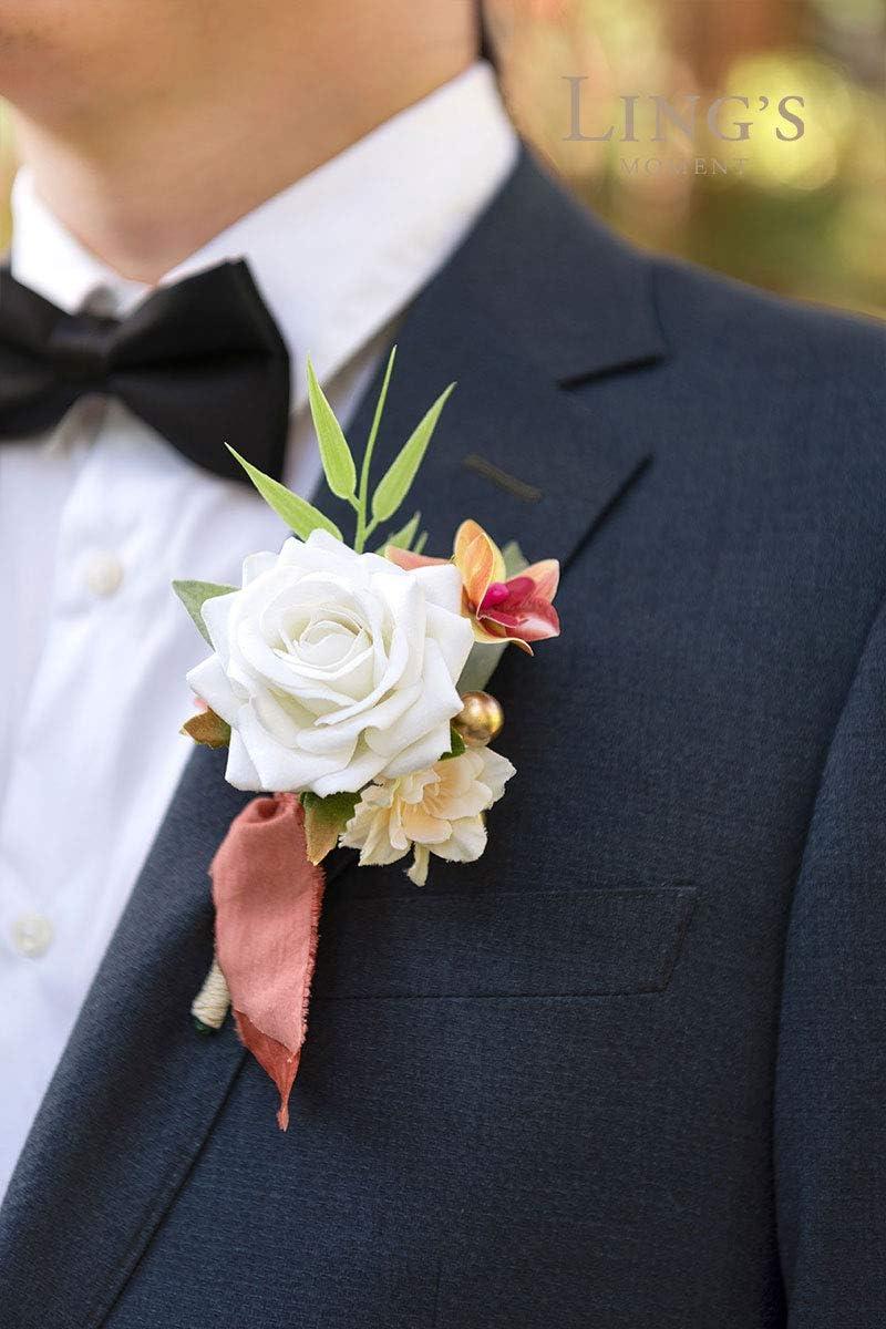 imageLings Moment Boutonniere for Men 6pcs Groom Groomsmen Boutonniere Artificial Flowers for Wedding DecorPromHomecoming etcWalnut BrownOrterracotta  White