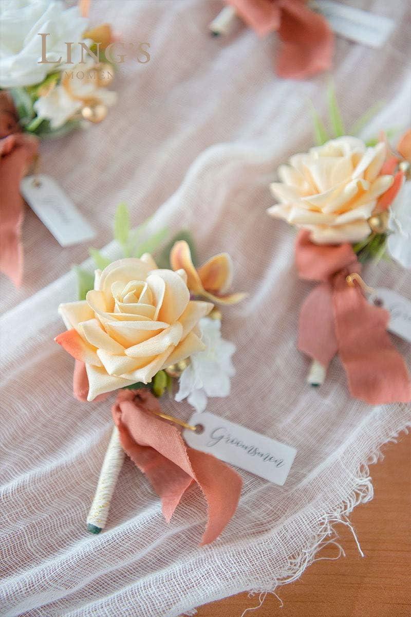 imageLings Moment Boutonniere for Men 6pcs Groom Groomsmen Boutonniere Artificial Flowers for Wedding DecorPromHomecoming etcWalnut BrownOrterracotta  White