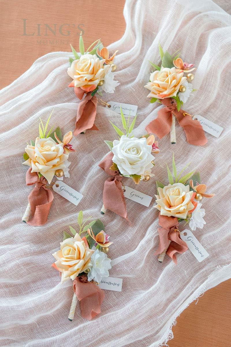 imageLings Moment Boutonniere for Men 6pcs Groom Groomsmen Boutonniere Artificial Flowers for Wedding DecorPromHomecoming etcWalnut BrownOrterracotta  White