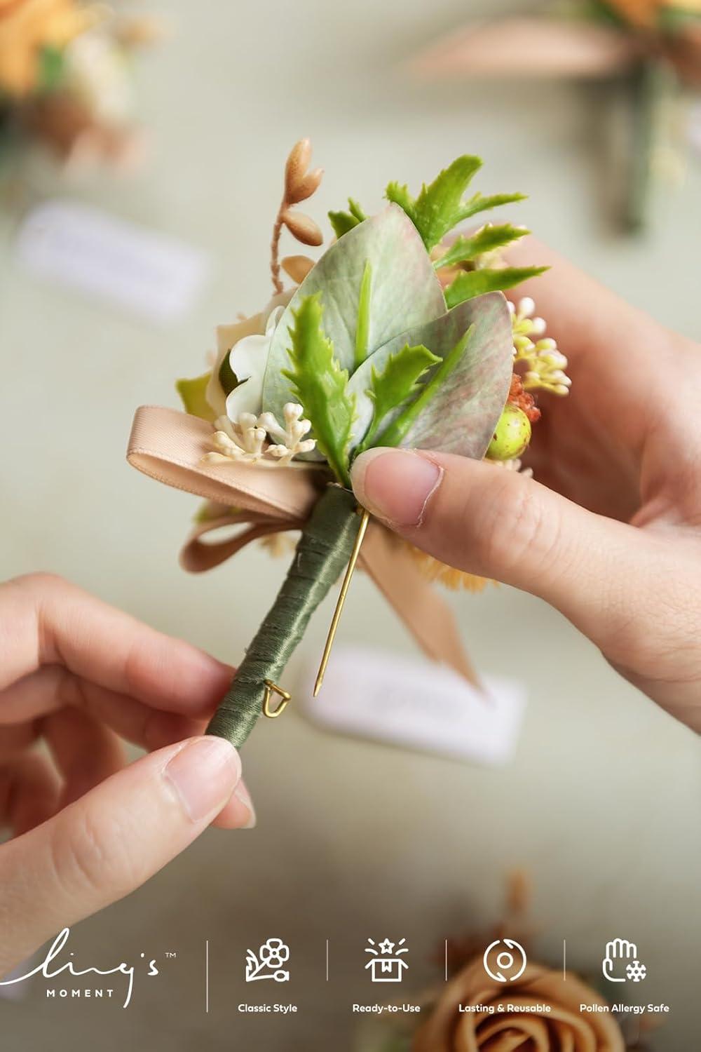 imageLings Moment Boutonniere for Men 6pcs Groom Groomsmen Boutonniere Artificial Flowers for Wedding DecorPromHomecoming etcWalnut BrownOryellow Apricot  Peach