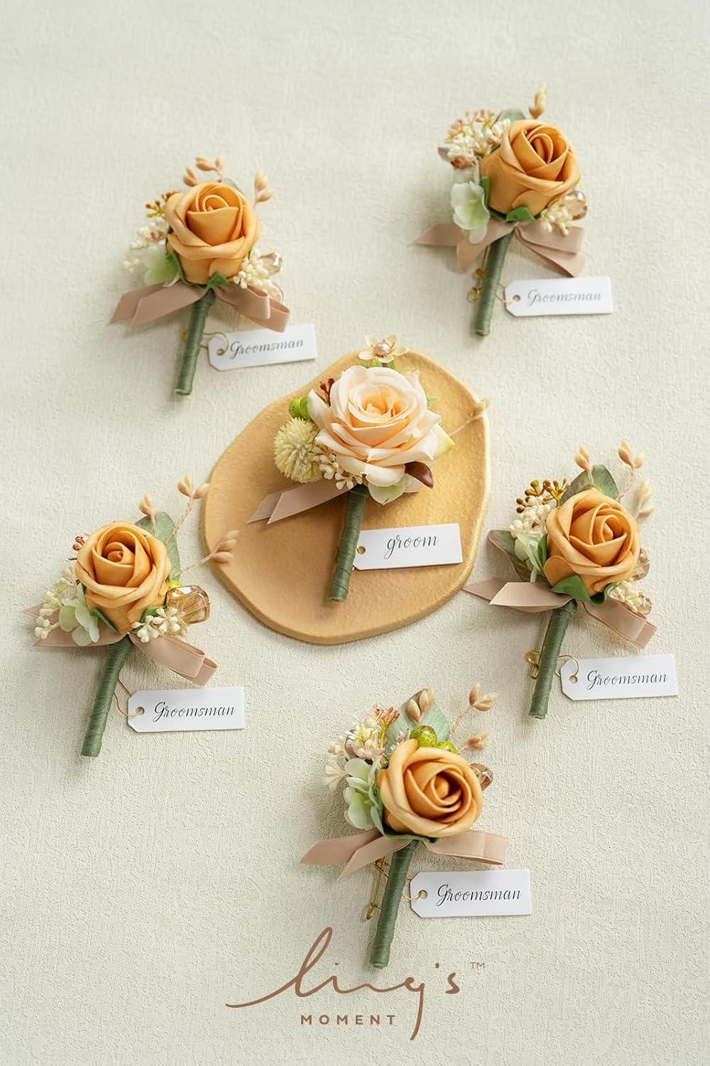 imageLings Moment Boutonniere for Men 6pcs Groom Groomsmen Boutonniere Artificial Flowers for Wedding DecorPromHomecoming etcWalnut BrownOryellow Apricot  Peach