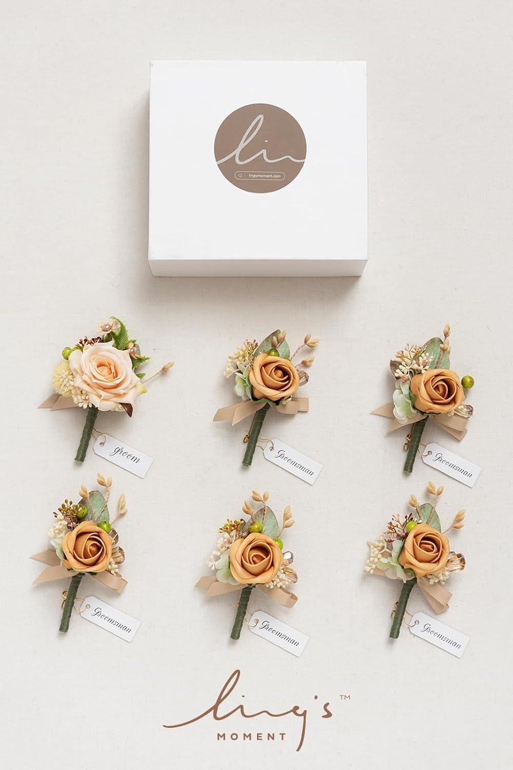 imageLings Moment Boutonniere for Men 6pcs Groom Groomsmen Boutonniere Artificial Flowers for Wedding DecorPromHomecoming etcWalnut BrownOryellow Apricot  Peach