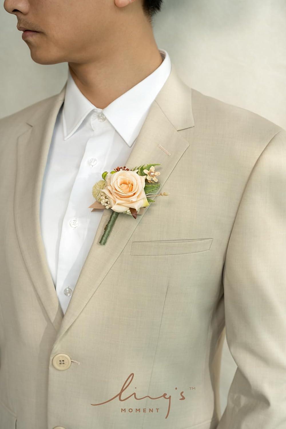 imageLings Moment Boutonniere for Men 6pcs Groom Groomsmen Boutonniere Artificial Flowers for Wedding DecorPromHomecoming etcWalnut BrownOryellow Apricot  Peach