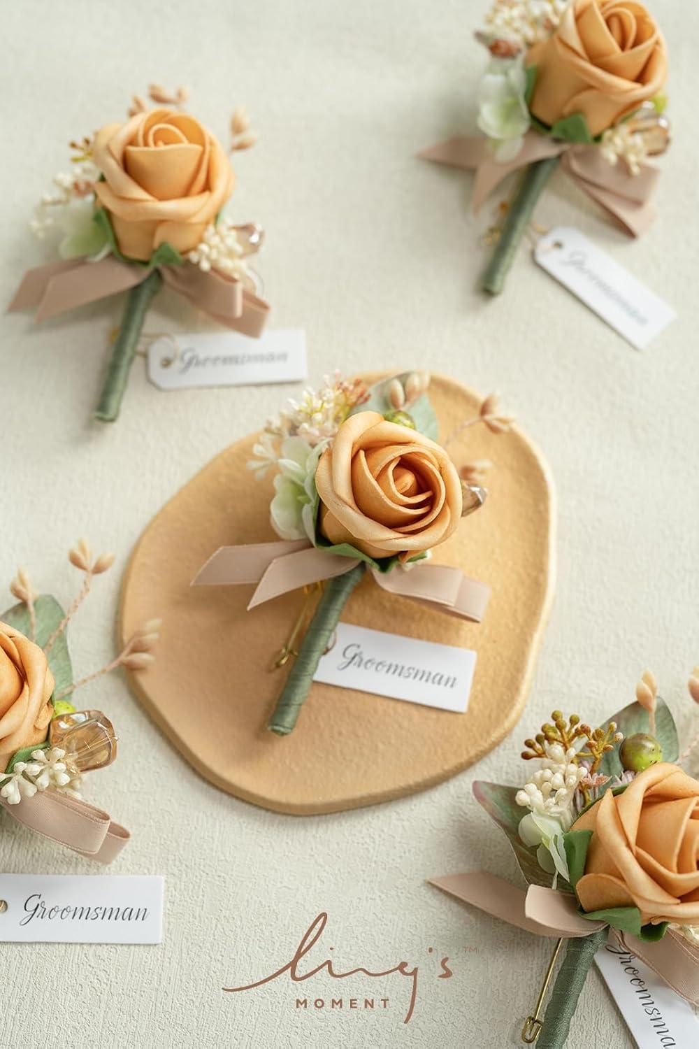imageLings Moment Boutonniere for Men 6pcs Groom Groomsmen Boutonniere Artificial Flowers for Wedding DecorPromHomecoming etcWalnut BrownOryellow Apricot  Peach
