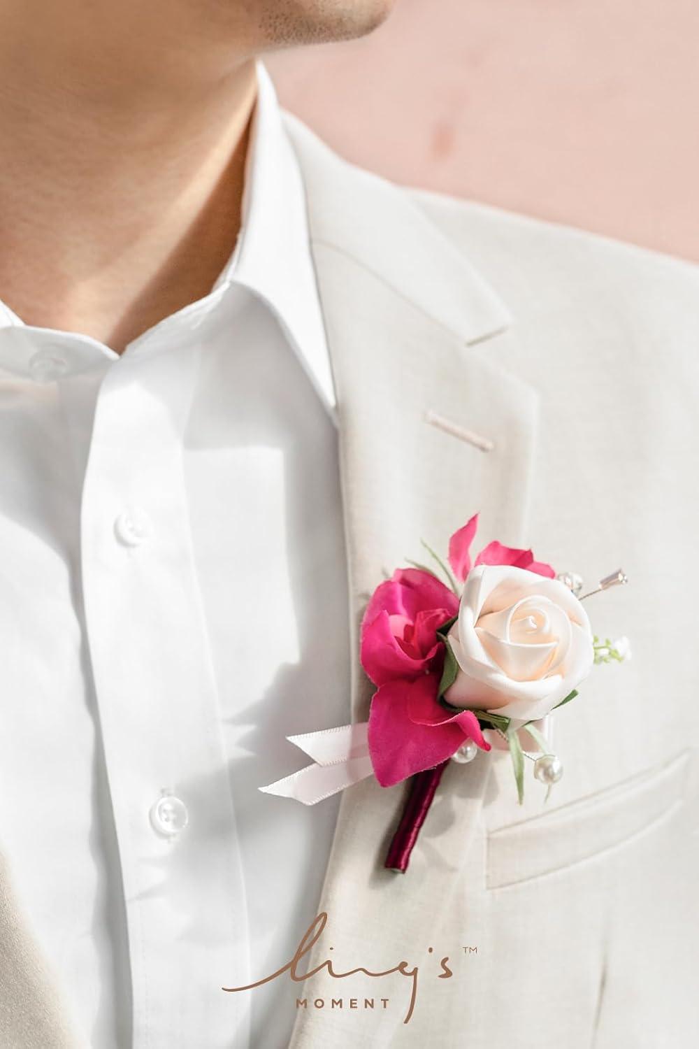 imageLings Moment Boutonniere for Men 6pcs Groom Groomsmen Boutonniere Artificial Flowers for Wedding DecorPromHomecoming etcWalnut BrownPkblush  Hot Pink