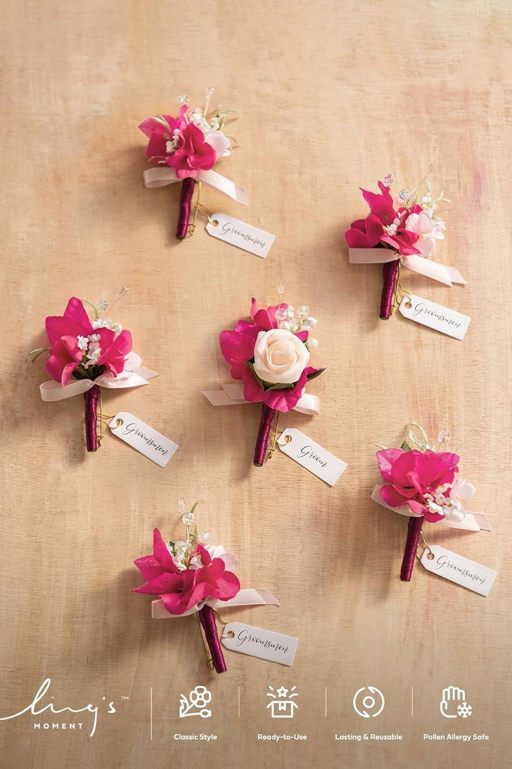 imageLings Moment Boutonniere for Men 6pcs Groom Groomsmen Boutonniere Artificial Flowers for Wedding DecorPromHomecoming etcWalnut BrownPkblush  Hot Pink