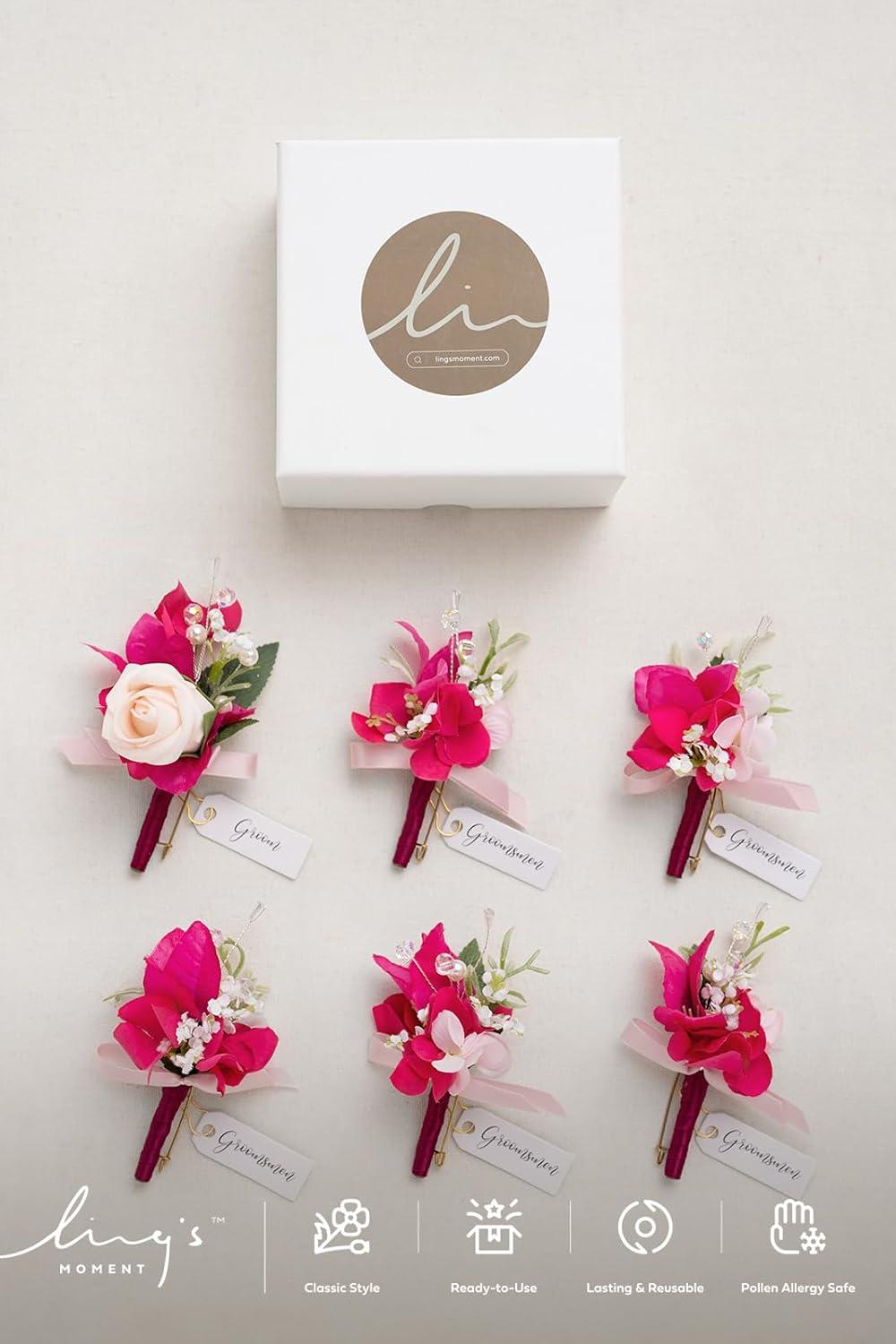 imageLings Moment Boutonniere for Men 6pcs Groom Groomsmen Boutonniere Artificial Flowers for Wedding DecorPromHomecoming etcWalnut BrownPkblush  Hot Pink