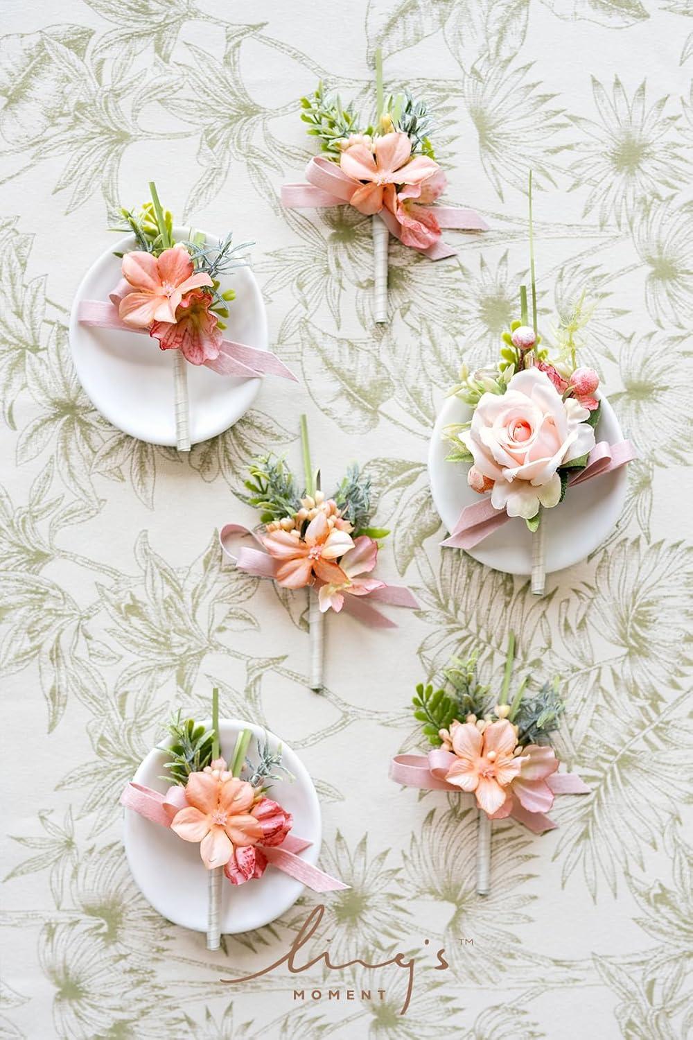 imageLings Moment Boutonniere for Men 6pcs Groom Groomsmen Boutonniere Artificial Flowers for Wedding DecorPromHomecoming etcWalnut BrownPkblush Garden  Pink