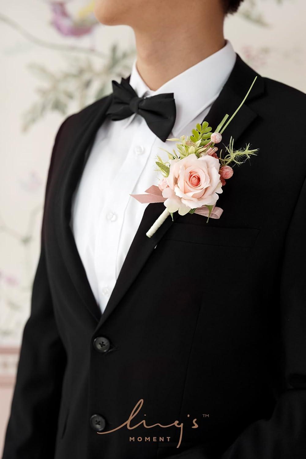 imageLings Moment Boutonniere for Men 6pcs Groom Groomsmen Boutonniere Artificial Flowers for Wedding DecorPromHomecoming etcWalnut BrownPkblush Garden  Pink