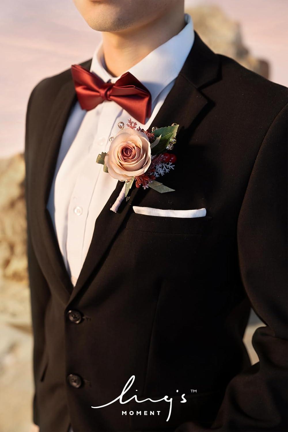 imageLings Moment Boutonniere for Men 6pcs Groom Groomsmen Boutonniere Artificial Flowers for Wedding DecorPromHomecoming etcWalnut BrownPkcinnamon Rose  Pink