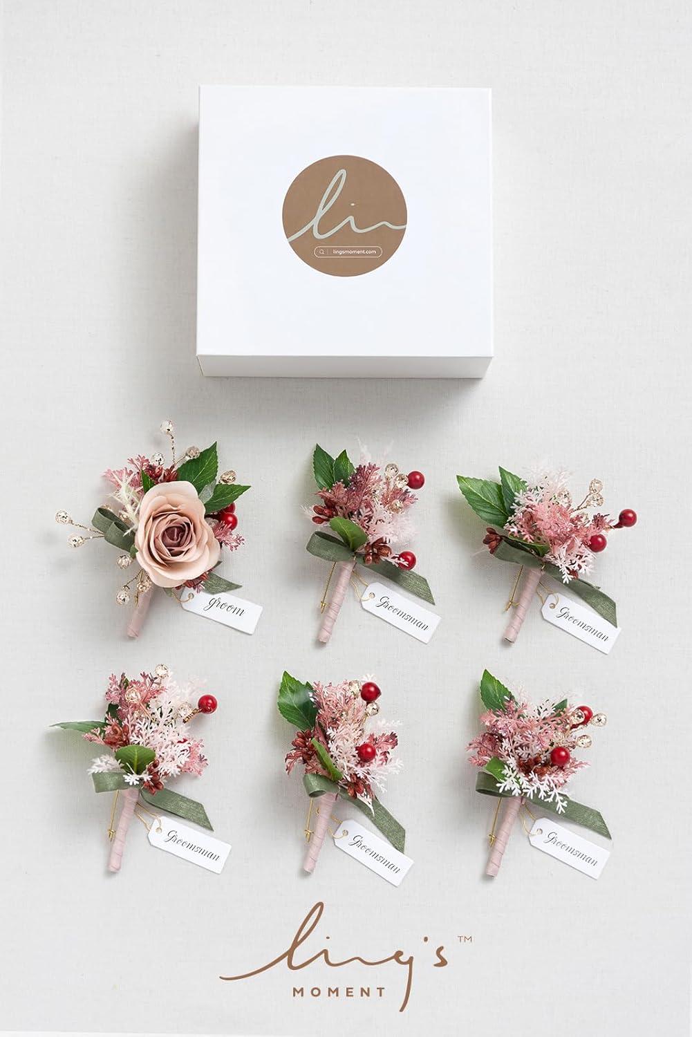 imageLings Moment Boutonniere for Men 6pcs Groom Groomsmen Boutonniere Artificial Flowers for Wedding DecorPromHomecoming etcWalnut BrownPkcinnamon Rose  Pink