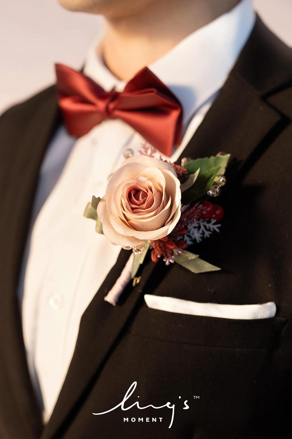 imageLings Moment Boutonniere for Men 6pcs Groom Groomsmen Boutonniere Artificial Flowers for Wedding DecorPromHomecoming etcWalnut BrownPkcinnamon Rose  Pink