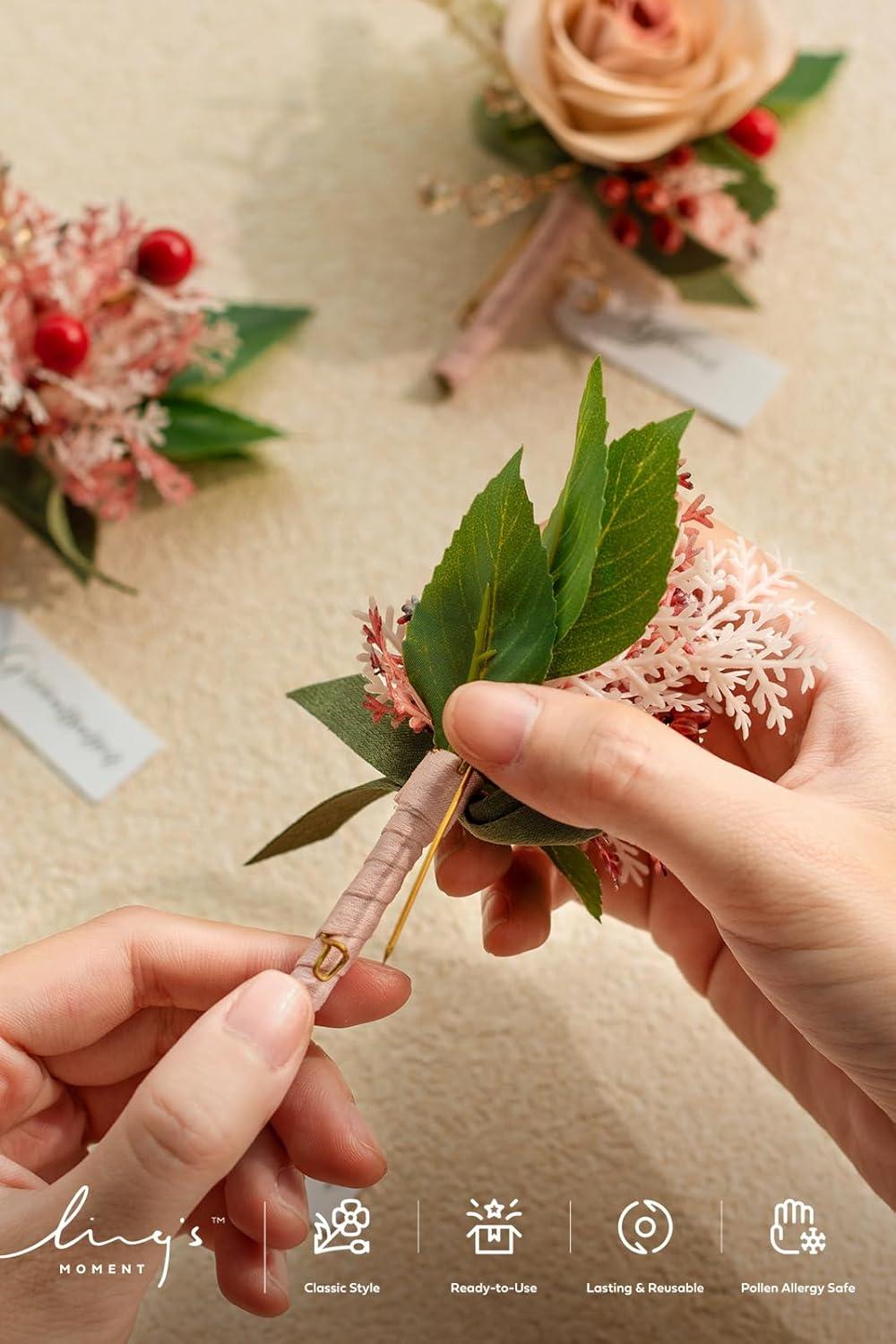 imageLings Moment Boutonniere for Men 6pcs Groom Groomsmen Boutonniere Artificial Flowers for Wedding DecorPromHomecoming etcWalnut BrownPkcinnamon Rose  Pink