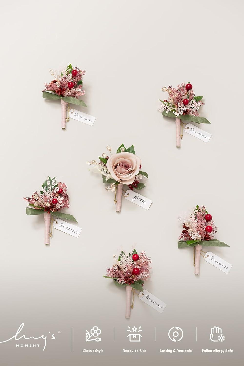 imageLings Moment Boutonniere for Men 6pcs Groom Groomsmen Boutonniere Artificial Flowers for Wedding DecorPromHomecoming etcWalnut BrownPkcinnamon Rose  Pink