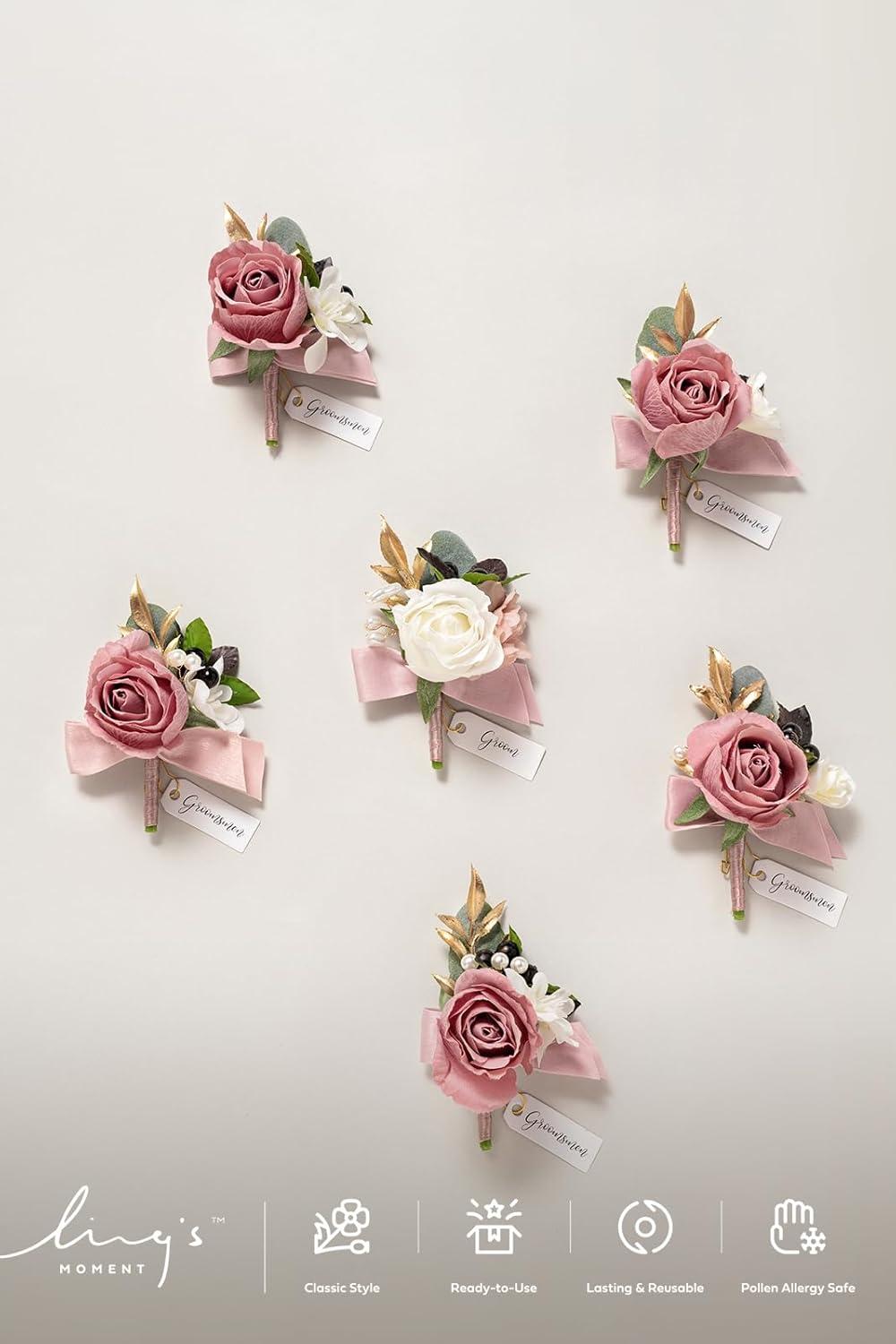 imageLings Moment Boutonniere for Men 6pcs Groom Groomsmen Boutonniere Artificial Flowers for Wedding DecorPromHomecoming etcWalnut BrownPkdusty Rose  Mauve