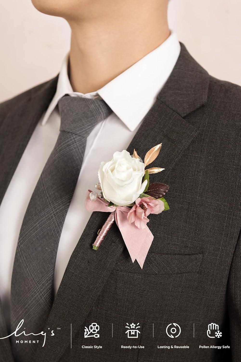 imageLings Moment Boutonniere for Men 6pcs Groom Groomsmen Boutonniere Artificial Flowers for Wedding DecorPromHomecoming etcWalnut BrownPkdusty Rose  Mauve
