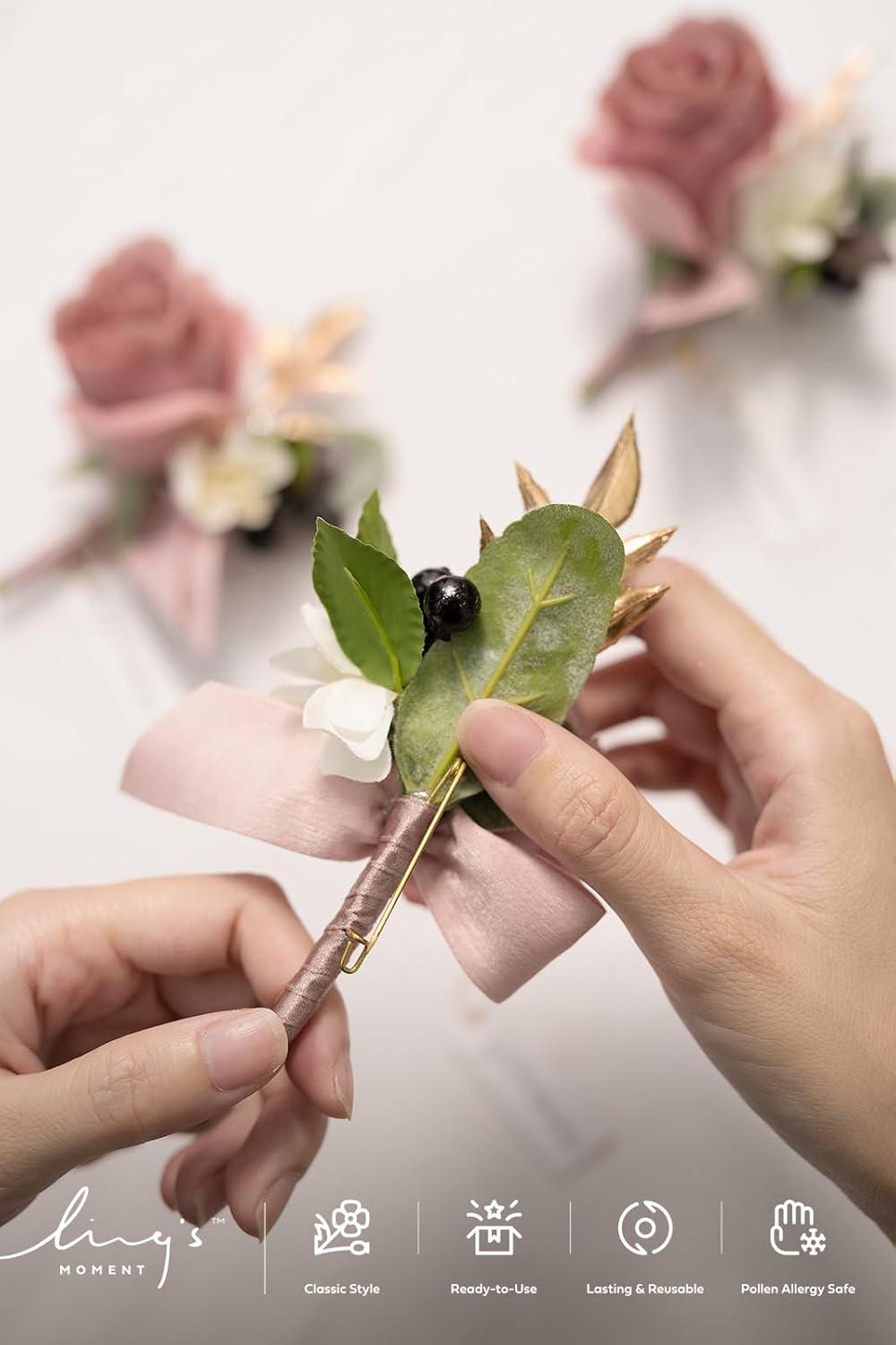 imageLings Moment Boutonniere for Men 6pcs Groom Groomsmen Boutonniere Artificial Flowers for Wedding DecorPromHomecoming etcWalnut BrownPkdusty Rose  Mauve