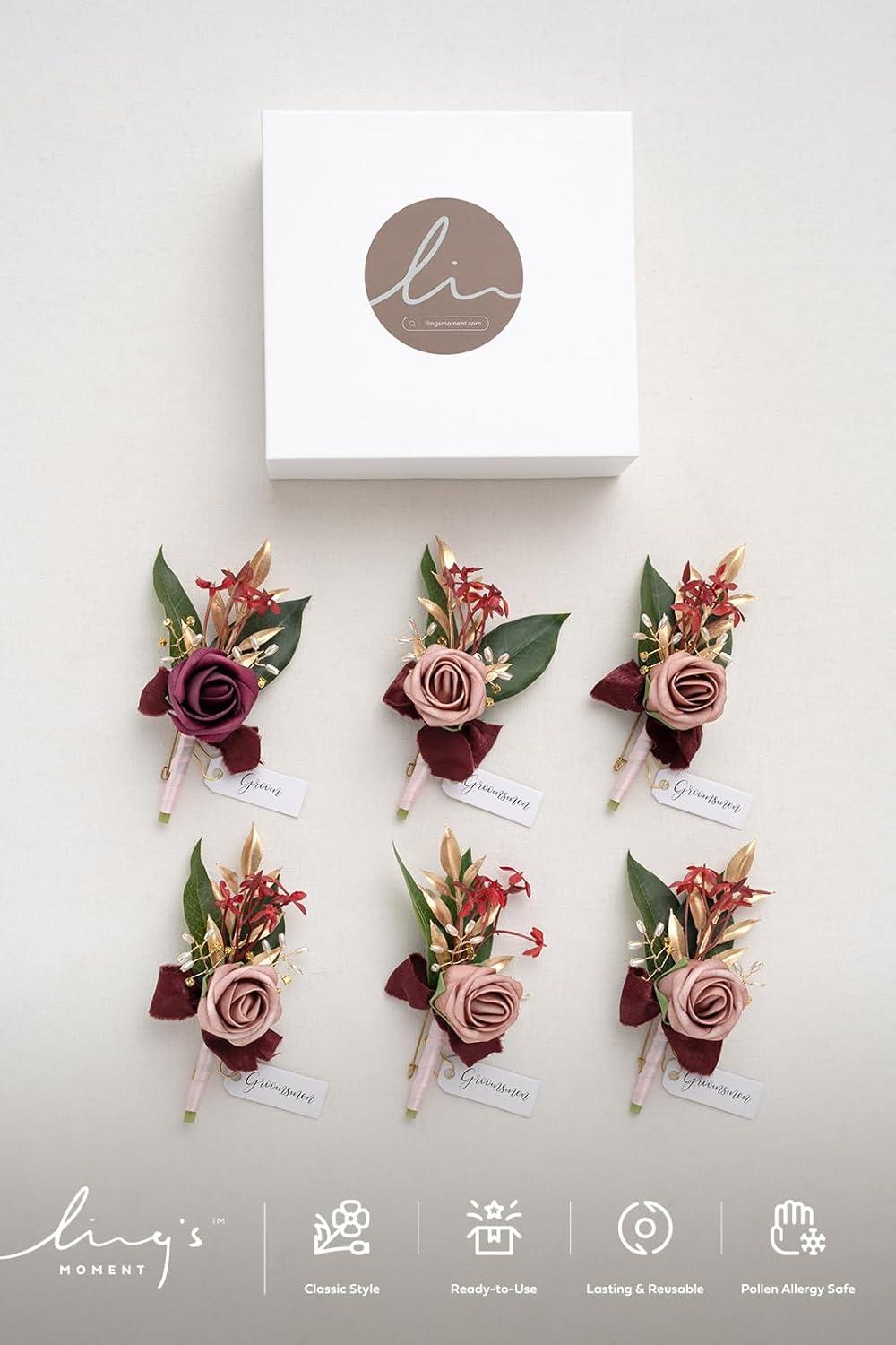 imageLings Moment Boutonniere for Men 6pcs Groom Groomsmen Boutonniere Artificial Flowers for Wedding DecorPromHomecoming etcWalnut BrownPkmarsala  Dusty Rose