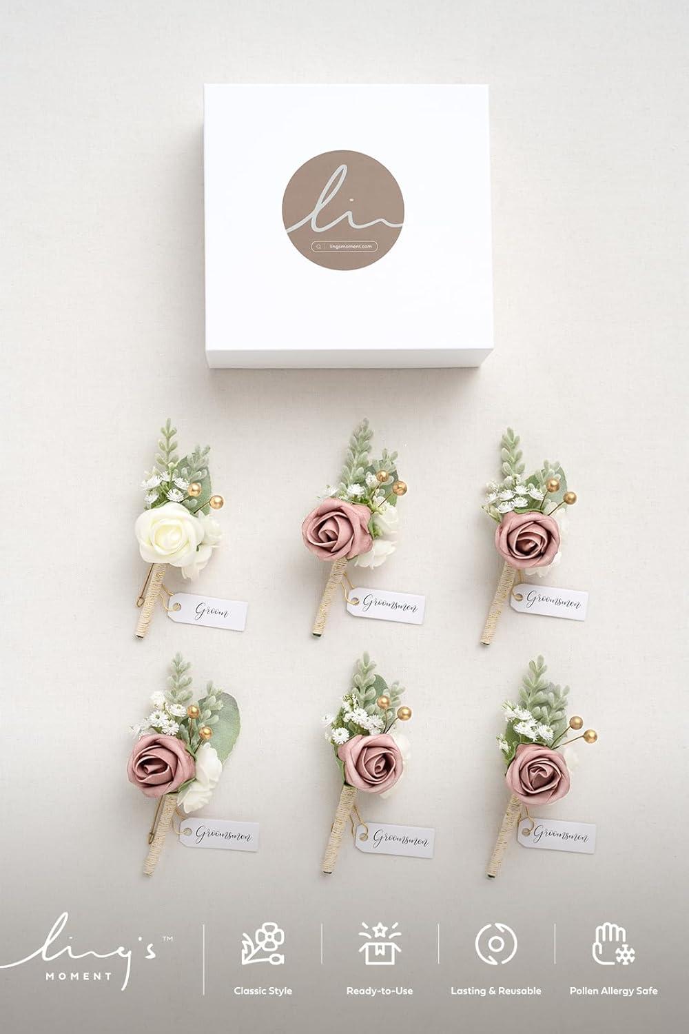 imageLings Moment Boutonniere for Men 6pcs Groom Groomsmen Boutonniere Artificial Flowers for Wedding DecorPromHomecoming etcWalnut BrownPkpink  Dusty Rose
