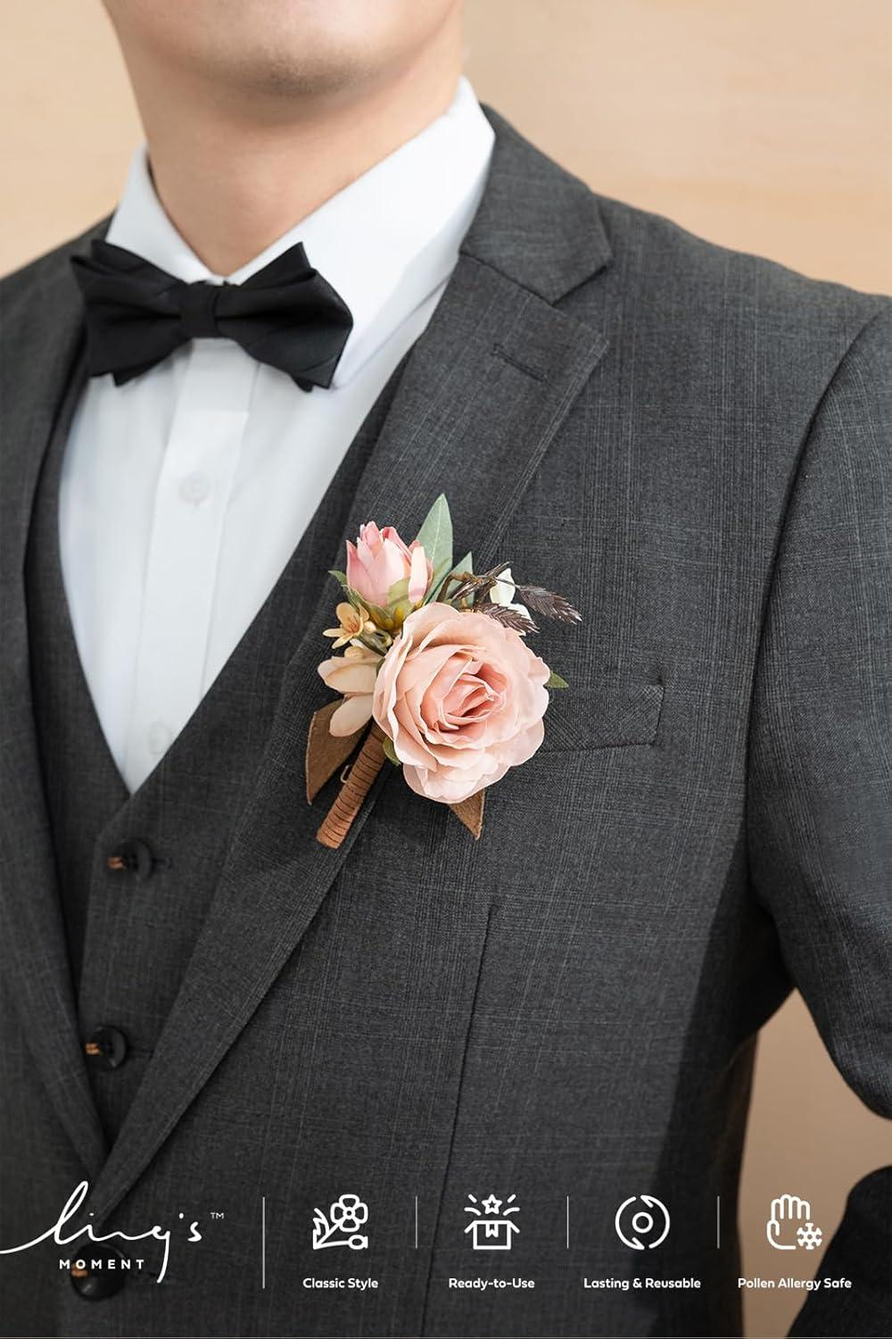 imageLings Moment Boutonniere for Men 6pcs Groom Groomsmen Boutonniere Artificial Flowers for Wedding DecorPromHomecoming etcWalnut BrownPkshabby Pink  Dusty Rose